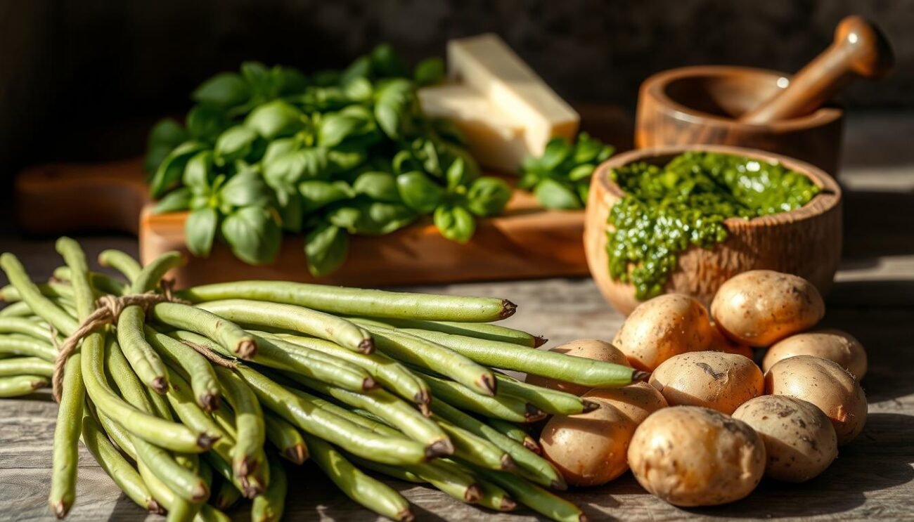 A rustic still life capturing the key ingredients for Ligurian-style green beans with pesto. In the foreground, a bundle of fresh, slender green beans and a handful of baby potatoes, their skin gently flecked with soil. In the middle ground, a wooden cutting board holds a pile of aromatic basil leaves, a wedge of Parmesan cheese, and a mortar and pestle for grinding the pesto. Soft, natural lighting filters in, casting warm tones and gentle shadows across the scene. The overall mood is one of simple, authentic Italian cuisine, ready to be transformed into a beloved regional dish.