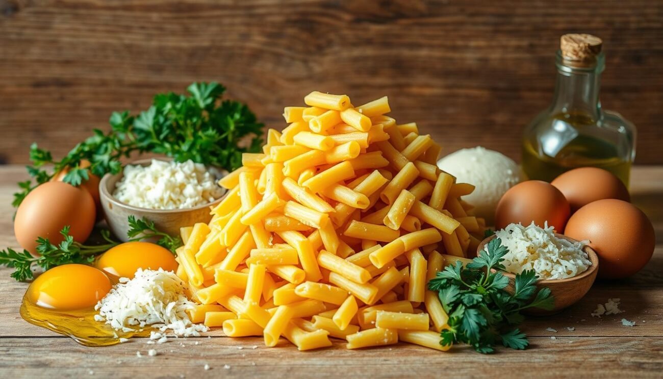 A rustic still life capturing the key ingredients for a classic Italian macaroni frittata. In the center, a pile of cooked macaroni noodles, their golden hue shimmering under soft natural lighting. Surrounding them, an assortment of fresh eggs, grated Parmesan cheese, chopped parsley, and a drizzle of olive oil - the essential elements for this savory, comforting dish. The background is a simple, textured wooden surface, lending an authentic, homemade feel. The composition is balanced and inviting, highlighting the humble beauty of these classic Italian ingredients.
