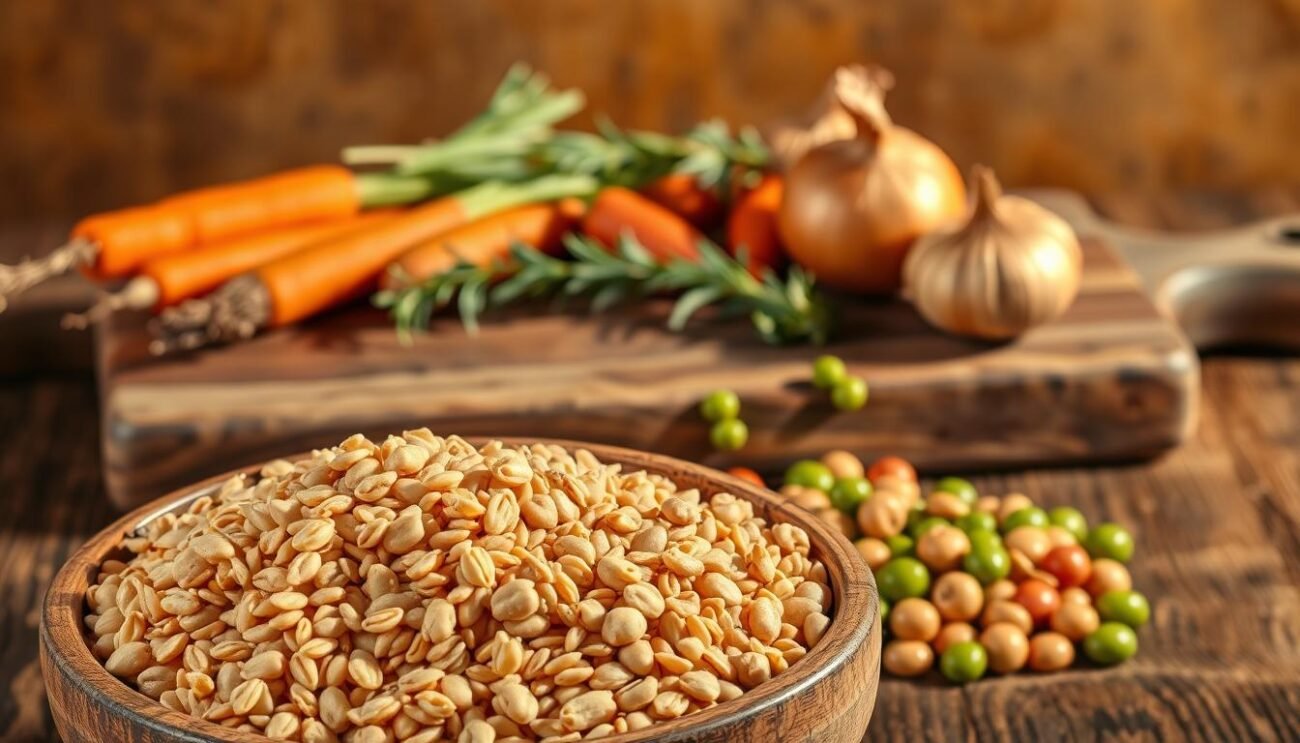 A rustic still life featuring an assortment of hearty, organic ingredients for a traditional Umbrian farro soup. In the foreground, a wooden bowl overflows with earthy farro grains, accompanied by a handful of freshly shelled borlotti beans and vibrant green chickpeas. In the middle ground, an array of seasonal vegetables - carrots, onions, celery, and a sprig of fragrant rosemary - are arranged on a weathered wooden board, casting soft shadows. The background blends warm, earthy tones, evoking the rich soil and pastoral setting of an Italian farmhouse kitchen. Warm, directional lighting casts a cozy glow, inviting the viewer to imagine the comforting aroma and nourishing flavors of this authentic, homemade soup.