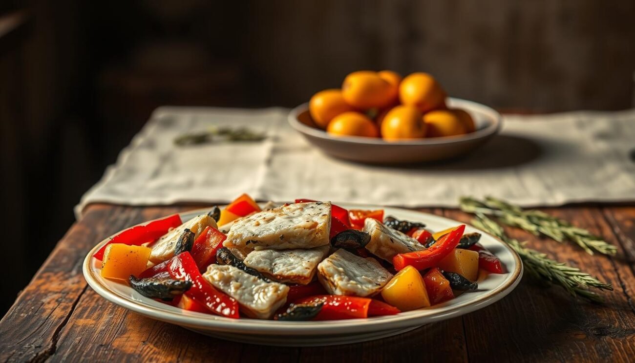 A rustic still life of a traditional Calabrian dish: "Stocco di Mammola". In the foreground, a heaping plate showcases the succulent salt-cured cod, perfectly complemented by roasted red peppers and golden potatoes. The lighting is warm and natural, casting a cozy glow over the scene. In the middle ground, a weathered wooden table sets the stage, its surface adorned with a simple linen cloth. The background fades into a shadowy, earthy tone, hinting at the rich culinary heritage of the region. The composition evokes the homespun, familial nature of this authentic Italian dish, inviting the viewer to imagine the aromas and flavors of this Calabrian classic.