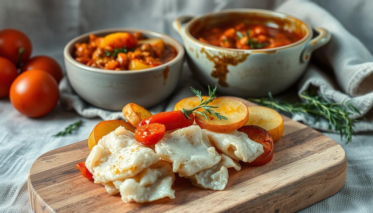A rustic still life of a traditional Calabrian dish, "stoccafisso mammola". In the foreground, a wooden board displays a generous portion of tender, flaked salt cod, nestled between golden-brown roasted peppers and thick-cut potato slices. The mid-ground features a weathered ceramic bowl filled with a vibrant, tomato-based sauce, accentuated by fragrant herbs and a drizzle of olive oil. In the background, a textured linen cloth sets the scene, hinting at the homespun, familial origins of this regional specialty. Soft, natural lighting casts a warm, inviting glow, evoking the comforting flavors and rich culinary heritage of Southern Italy.