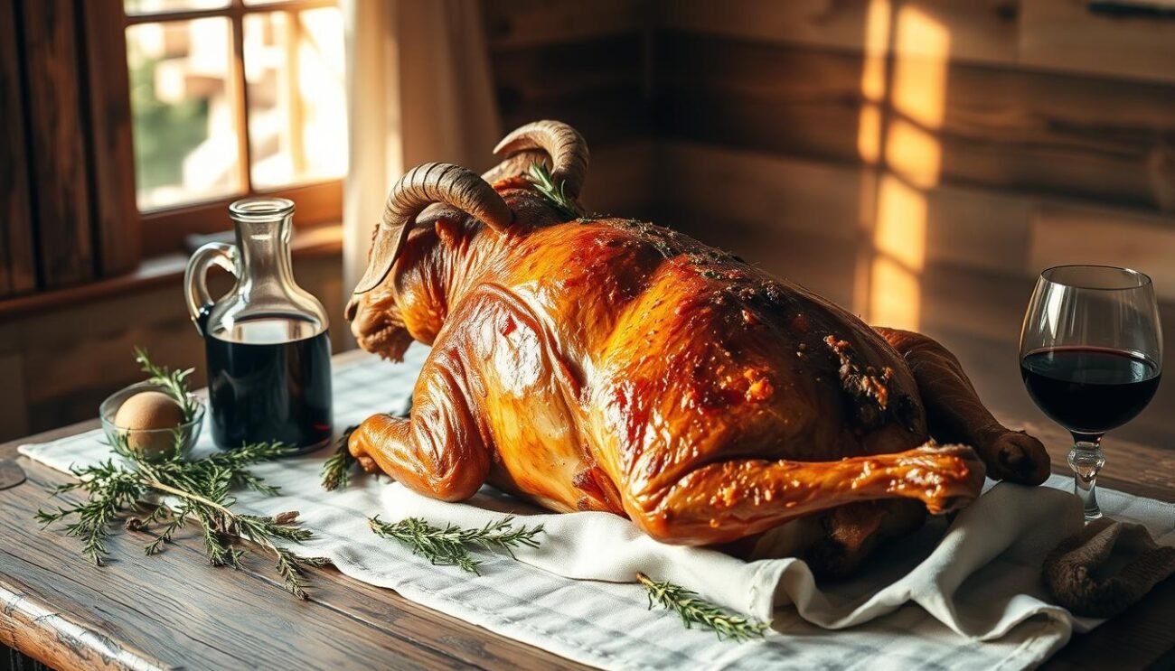 A rustic still life of a whole roasted "capretto sardo", a traditional Sardinian baby goat, presented on a wooden table. The tender meat glistens with a golden-brown crust, accented by aromatic herbs and spices like rosemary, garlic, and pepper. The table is adorned with a simple linen cloth, complemented by a carafe of local red wine and a few sprigs of fresh thyme. Sunlight streams in through a nearby window, casting a warm, inviting glow over the scene. The overall atmosphere evokes the rich culinary heritage and rustic charm of the Sardinian countryside.