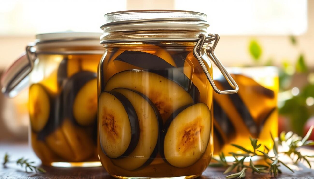 A rustic still life of freshly prepared "melanzane sott'olio", Italian pickled eggplants. The eggplant slices are neatly arranged in a classic glass jar, submerged in a golden olive oil infused with fragrant herbs and spices. Warm Italian sunlight filters through the jar, casting a soft, inviting glow. The jar's lid is loosely secured, hinting at the authentic, homemade nature of this traditional Italian preserve. The image evokes the comforting flavors and aromas of a well-stocked Italian pantry, ready to be enjoyed throughout the year.