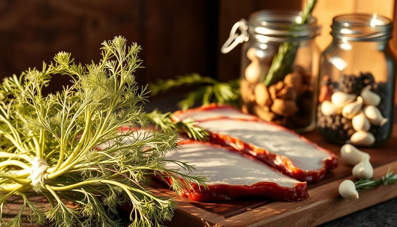 A rustic still life of the authentic ingredients for Coniglio in Porchetta Marchigiana. In the foreground, a bundle of wild fennel fronds, their feathery fronds gently curling. In the middle ground, slabs of pork belly, the skin scored and crackling, resting atop a wooden cutting board. In the background, a glass jar filled with fragrant herbs and spices - rosemary, garlic, and pepper. The scene is bathed in warm, golden light, casting subtle shadows and evoking the rich, earthy flavors of this traditional Marche dish.