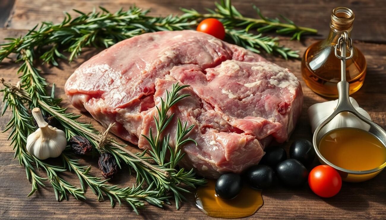 A rustic still life of the authentic ingredients for the traditional Pecora alla Pastora Lucana (Shepherd's Sheep from Lucania): a tender cut of lamb, fresh rosemary sprigs, garlic bulbs, sun-dried tomatoes, black olives, and a drizzle of golden olive oil. The ingredients are arranged on a wooden table, with soft, natural lighting casting subtle shadows. The composition evokes the rugged, mountainous landscape of Lucania, Italy, where this hearty dish was born. A sense of earthy simplicity and culinary tradition permeates the scene.