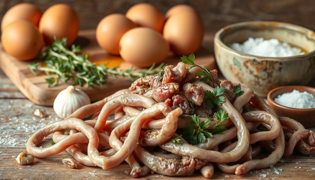 A rustic still life of the key ingredients used to prepare Cordula Sarda, a traditional lamb offal dish from the Campidano region of Sardinia. In the foreground, a tangle of fresh lamb intestines, liver, and heart, seasoned with garlic, parsley, and wild fennel. Behind, a wooden board showcases fresh farm eggs, a bundle of rosemary, and a drizzle of olive oil. In the background, a weathered ceramic bowl filled with coarse sea salt. The lighting is soft and natural, highlighting the textures and earthy tones of the authentic, artisanal ingredients. An image that evokes the simple, pastoral roots of this iconic Sardinian speciality. A rustic still life of the key ingredients used to prepare Cordula Sarda, a traditional lamb offal dish from the Campidano region of Sardinia. In the foreground, a tangle of fresh lamb intestines, liver, and heart, seasoned with garlic, parsley, and wild fennel. Behind, a wooden board showcases fresh farm eggs, a bundle of rosemary, and a drizzle of olive oil. In the background, a weathered ceramic bowl filled with coarse sea salt. The lighting is soft and natural, highlighting the textures and earthy tones of the authentic, artisanal ingredients. An image that evokes the simple, pastoral roots of this iconic Sardinian speciality.