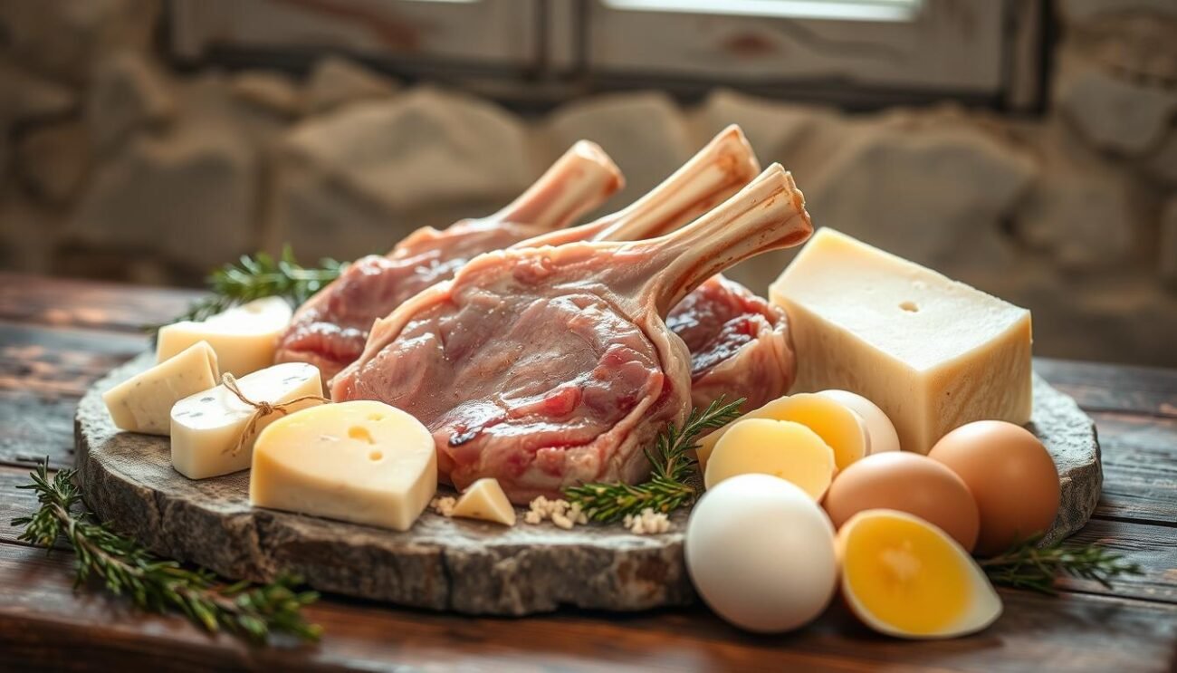 A rustic still life of the traditional Abruzzese Easter dish, Agnello Cacio e Ovo. Freshly harvested ingredients arranged on a wooden table, including tender lamb chops, chunks of pecorino romano cheese, and farm-fresh eggs. Soft natural lighting filters through a window, casting a warm glow on the scene. The muted color palette evokes the pastoral setting of an Abruzzese kitchen. Textures of stone, wood, and porous cheese create depth and tactility. The arrangement conveys the simple, homespun nature of this beloved regional specialty, a true taste of the Abruzzese countryside.