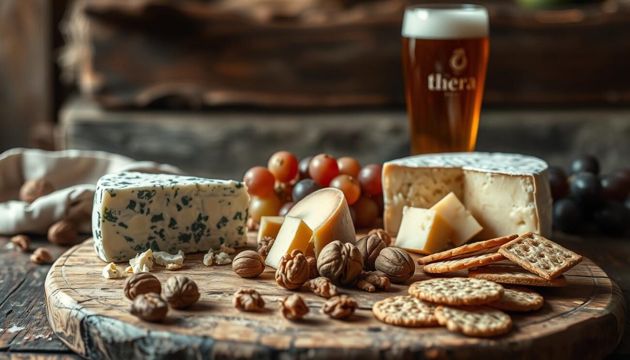 A rustic still life showcasing a selection of Italian cheeses and a craft beer. In the foreground, a wedge of tangy Gorgonzola and a creamy Bel Paese sit atop a weathered wooden board, accompanied by a tall glass of amber-hued birra. The middle ground features a scattering of walnuts, grapes, and artisanal crackers, creating a visually appealing composition. The background is softly lit, evoking the warmth and ambiance of a cozy trattoria in the Italian countryside. The overall mood is one of artisanal elegance, inviting the viewer to savor the perfect pairing of Italy's finest cheeses and craft beers.