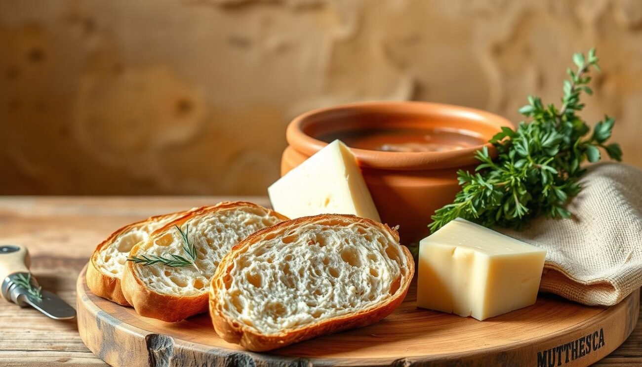 A rustic still life showcasing the authentic ingredients for the traditional Sardinian Zuppa Gallurese. In the foreground, a wooden board displays thick slices of crusty bread, a wedge of aged pecorino cheese, and a bundle of fresh herbs. In the middle ground, a terra cotta bowl overflows with a hearty broth, steam gently rising. The background features a warm, earthy palette, evoking the rugged charm of the Gallura region. The lighting is soft and natural, casting gentle shadows that accentuate the textures and colors of the scene. This image captures the simple, time-honored elements that come together to create the beloved Zuppa Gallurese, a quintessential taste of Sardinian tradition.