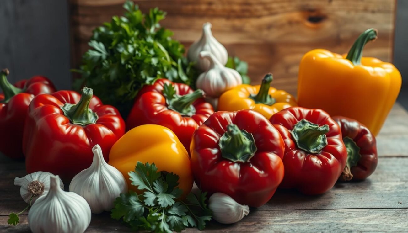A rustic still life showcasing the key ingredients for perfectly roasted peppers. In the foreground, a selection of vibrant red and yellow bell peppers, their skin slightly charred from the high heat. Nestled among them, clusters of fresh garlic bulbs and fragrant bunches of leafy green parsley. The middle ground features a gnarled wooden chopping board, the surface marked with the signs of its daily use. Soft, diffused light filters in from the side, casting gentle shadows and highlighting the natural textures. The overall mood is one of simple, honest ingredients, ready to be transformed into a delicious and soulful dish. A rustic still life showcasing the key ingredients for perfectly roasted peppers. In the foreground, a selection of vibrant red and yellow bell peppers, their skin slightly charred from the high heat. Nestled among them, clusters of fresh garlic bulbs and fragrant bunches of leafy green parsley. The middle ground features a gnarled wooden chopping board, the surface marked with the signs of its daily use. Soft, diffused light filters in from the side, casting gentle shadows and highlighting the natural textures. The overall mood is one of simple, honest ingredients, ready to be transformed into a delicious and soulful dish.
