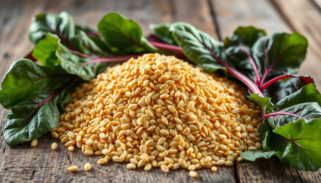 A rustic still life showcasing the traditional ingredients of Molisan polenta: a golden pile of freshly milled grano molisano wheat grains, their warm, earthy tones illuminated by soft, natural lighting. The grains are arranged on a weathered wooden surface, surrounded by lush, leafy bietole (Swiss chard) in shades of green and crimson, their vibrant colors contrasting with the wheat's mellow hues. The composition evokes the simple, wholesome essence of this ancient regional dish, capturing the authentic flavors and textures of Iragna's traditional polenta.