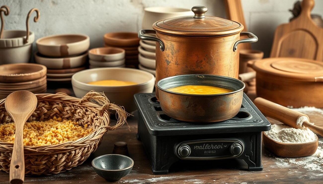 A rustic still life showcasing the traditional utensils used in the preparation of polenta, a classic Italian cornmeal dish. In the foreground, a wooden spoon and a sturdy iron ladle rest beside a handwoven straw basket, hinting at the artisanal nature of the cooking process. In the middle ground, a heavy-duty copper pot with a weathered patina sits atop a vintage cast-iron stove, evoking the warmth and aroma of a homemade meal. The background features an array of stone and earthenware bowls, a rolling pin, and a flour-dusted wooden board, suggesting the wholesome, time-honored techniques involved in the recipe. The lighting is soft and natural, creating a cozy, inviting atmosphere that reflects the rich culinary heritage of the Molise region.