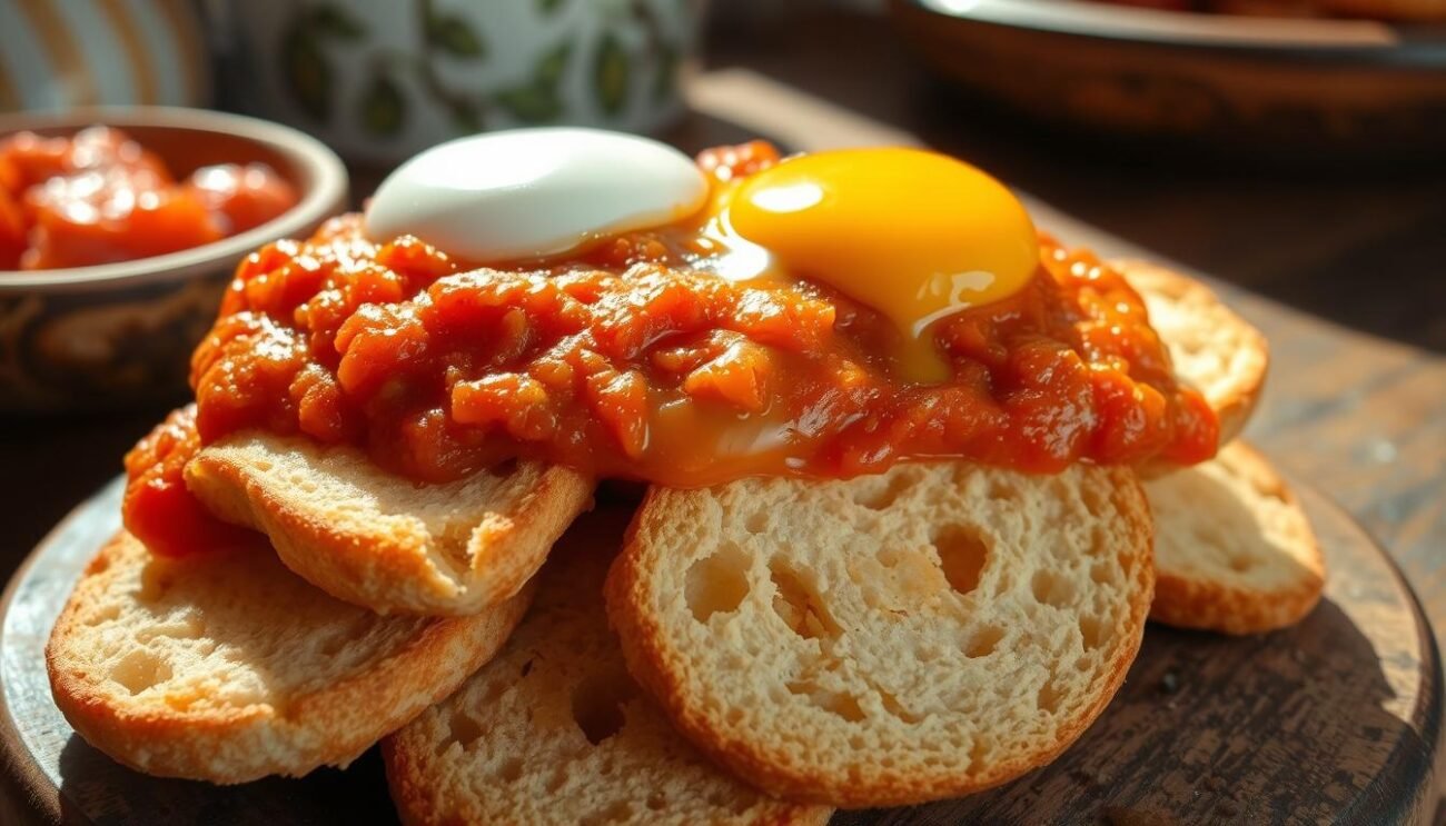 A rustic, sun-drenched scene of a traditional Sardinian dish, "pane frattau". In the foreground, a pile of crisp, golden-brown carasau bread, its rough texture catching the warm light. Atop the bread, a rich, hearty tomato sauce, glistening with droplets of olive oil. A soft-boiled egg, its yolk oozing over the bread, completes the simple yet satisfying composition. The background features a weathered wooden table, perhaps in a countryside kitchen, evoking the homespun, comforting nature of this beloved regional specialty. The overall mood is one of rustic authenticity, capturing the essence of this quintessential Sardinian dish.