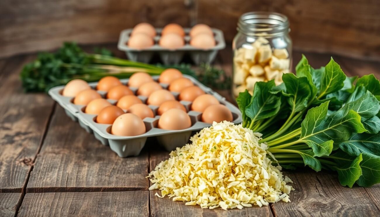 A rustic table, its surface weathered and worn, is adorned with a collection of fresh ingredients for the traditional Rafanata dish. In the foreground, a bundle of vibrant green rapa leaves and a pile of grated horseradish stand out, their vibrant colors contrasting with the muted tones of the wooden surface. In the middle ground, a dozen farm-fresh eggs rest in their carton, ready to be whisked and incorporated into the frittata. In the background, a glass jar filled with the pungent horseradish root and a few sprigs of fragrant herbs add depth and texture to the scene. The lighting is soft and natural, casting a warm glow over the ingredients and creating a cozy, homespun atmosphere that evokes the rich culinary traditions of the Lucanian region.