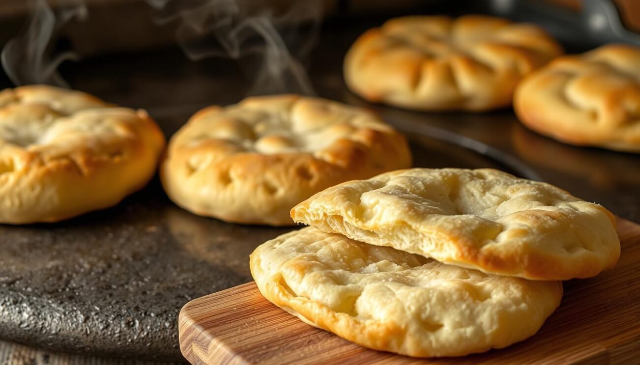 A rustic, traditional Umbrian flatbread, the Torta al Testo, baked directly on a heated stone or metal surface. Fluffy yet crisp, its golden-brown exterior captures the essence of the region's hearty, agricultural heritage. Wisps of steam rise from the fresh-from-the-oven rounds, their simple yet comforting scent wafting through the air. In the foreground, the textured surface of the cooking stone or metal griddle provides an earthy backdrop, while a wooden cutting board holds slices of the freshly baked bread. Soft, diffused lighting illuminates the scene, evoking a sense of homespun, artisanal craftsmanship. The overall mood is one of authentic, time-honored tradition. A rustic, traditional Umbrian flatbread, the Torta al Testo, baked directly on a heated stone or metal surface. Fluffy yet crisp, its golden-brown exterior captures the essence of the region's hearty, agricultural heritage. Wisps of steam rise from the fresh-from-the-oven rounds, their simple yet comforting scent wafting through the air. In the foreground, the textured surface of the cooking stone or metal griddle provides an earthy backdrop, while a wooden cutting board holds slices of the freshly baked bread. Soft, diffused lighting illuminates the scene, evoking a sense of homespun, artisanal craftsmanship. The overall mood is one of authentic, time-honored tradition.