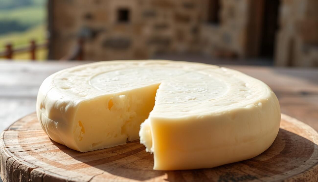 A rustic wheel of scamorza cheese, its pale ivory surface glistening with a light golden hue, resting atop a weathered wooden board. The cheese's soft, supple texture is accentuated by the warm, radiant lighting, casting subtle shadows that highlight its unique shape and pliable nature. In the background, a subtly blurred Italian countryside scene, hinting at the rich culinary traditions from which this versatile cheese hails. The composition evokes a sense of simple, authentic elegance, befitting the traditional roots of this beloved Italian delicacy.