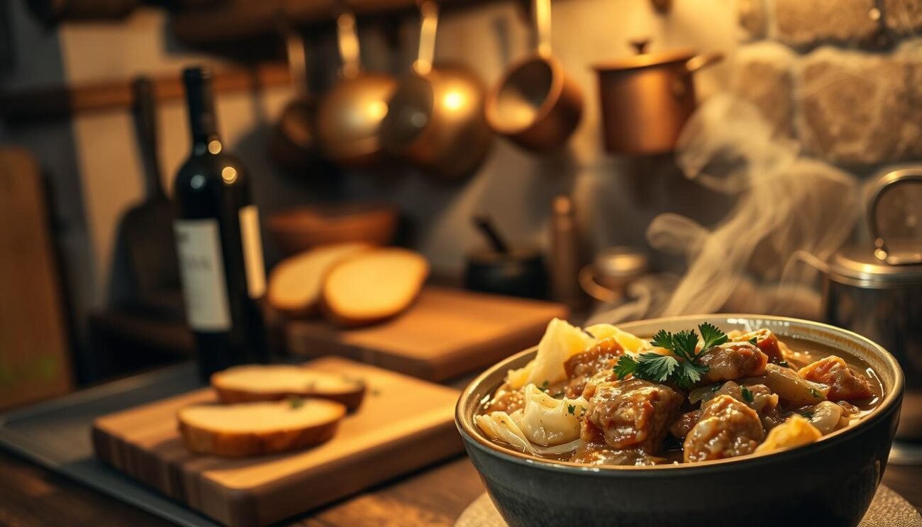 A rustic, winter dish of tender braised cabbage and succulent pork in a savory, slow-simmered broth. A hearty, traditional Milanese cassœula set against a cozy, dimly lit kitchen scene. In the foreground, a steaming bowl of the aromatic stew, garnished with fresh parsley. In the middle ground, a wooden cutting board with slices of crusty bread and a bottle of robust red wine. In the background, copper pots and pans hang from rustic beams, casting a warm, golden glow. The overall mood is one of comfort, nourishment, and the enduring culinary traditions of Northern Italy. A rustic, winter dish of tender braised cabbage and succulent pork in a savory, slow-simmered broth. A hearty, traditional Milanese cassœula set against a cozy, dimly lit kitchen scene. In the foreground, a steaming bowl of the aromatic stew, garnished with fresh parsley. In the middle ground, a wooden cutting board with slices of crusty bread and a bottle of robust red wine. In the background, copper pots and pans hang from rustic beams, casting a warm, golden glow. The overall mood is one of comfort, nourishment, and the enduring culinary traditions of Northern Italy.