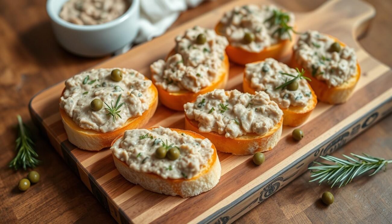 A rustic wooden board filled with freshly toasted crostini, topped with a rich, creamy pâté made from chicken livers, capers, and herbs. The crostini are arranged in a casual, inviting manner, with a few scattered capers and sprigs of fresh rosemary adding a touch of color and aroma. The lighting is warm and natural, casting a soft glow over the scene, evoking the cozy, homemade charm of a traditional Italian kitchen. The overall composition is simple yet elegant, highlighting the key ingredients and capturing the essence of the "Crostini Umbri" dish.