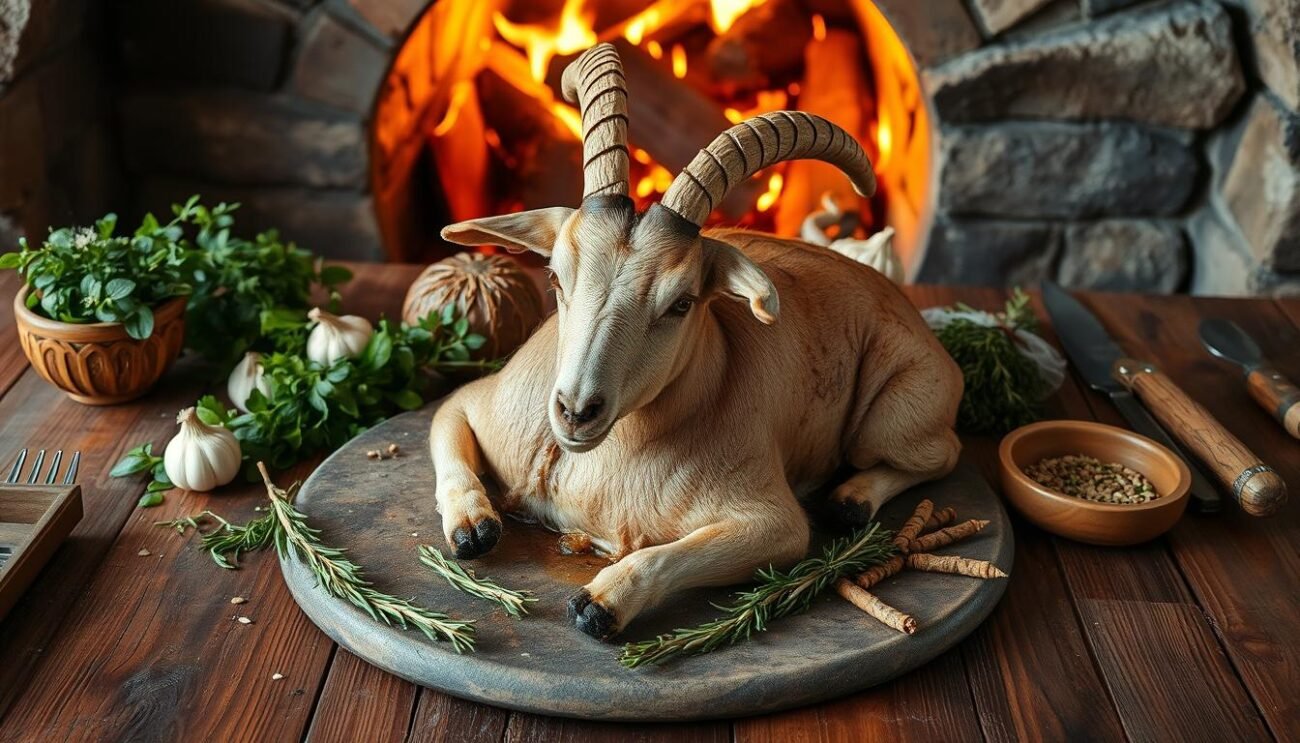 A rustic wooden table, adorned with a selection of fresh Mediterranean herbs and aromatic spices. In the center, a whole young goat, seasoned with garlic, rosemary, and local mountain thyme, ready to be roasted to perfection. The warm glow of a wood-fired oven casts a soft light, hinting at the rich, succulent flavors to come. The scene evokes the rugged beauty of the Sardinian countryside, where traditional cooking methods and regional ingredients come together to create a truly authentic and delectable culinary experience.