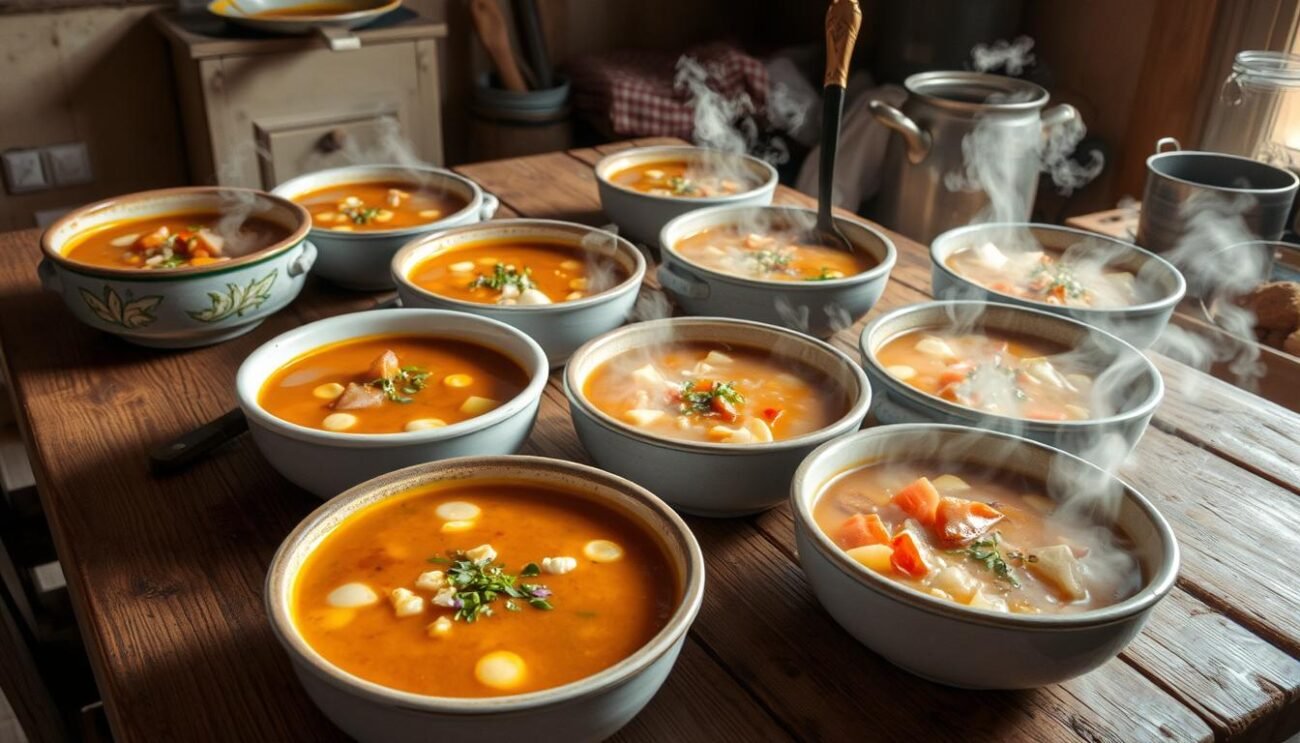 A rustic wooden table, adorned with a variety of regional variations of the classic Sardinian Zuppa Gallurese. Steaming bowls of the hearty broth, infused with the distinct flavors of local ingredients - perhaps a touch of pecorino cheese, a sprinkle of aromatic herbs, or a drizzle of robust olive oil. The scene is bathed in warm, natural lighting, capturing the homemade essence and traditional heritage of this beloved Sardinian dish. In the background, a glimpse of a simple, weathered kitchen, hinting at the generations-old recipes and techniques that have shaped this regional culinary treasure.