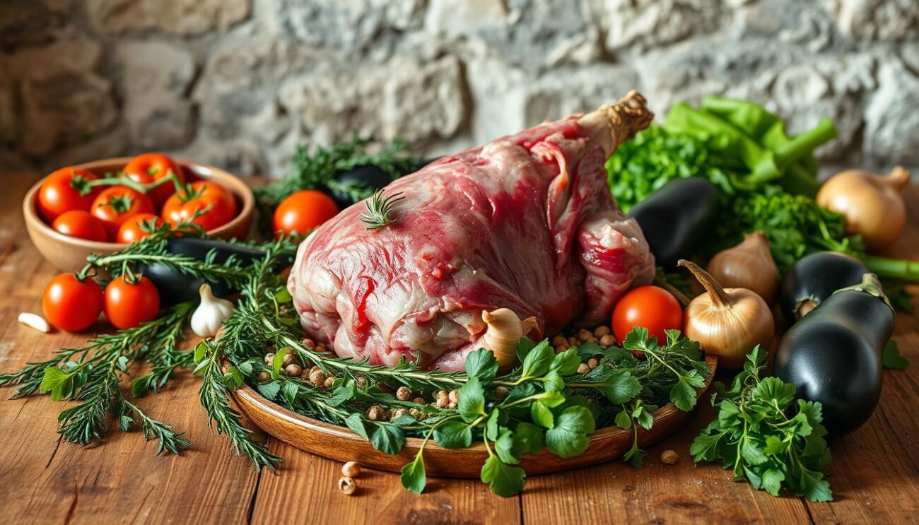 A rustic wooden table, adorned with a vibrant array of traditional Italian ingredients for the classic Calabrian dish, Pecora alla Viddhanedda. In the foreground, a plump, freshly butchered lamb sits atop a bed of fragrant herbs and spices, including rosemary, thyme, and garlic. Surrounding the lamb are locally sourced vegetables, such as sun-ripened tomatoes, earthy eggplants, and fragrant onions. In the background, a weathered stone wall sets the scene, hinting at the ancient culinary traditions of the region. The lighting is soft and natural, casting a warm, inviting glow over the scene, capturing the essence of this quintessential Calabrian recipe.