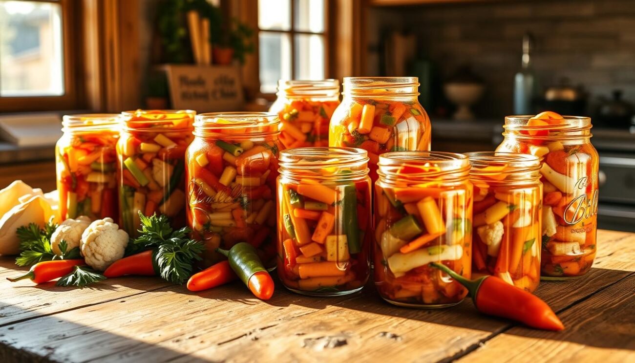 A rustic wooden table, adorned with an assortment of vibrant, pickled vegetables - giardiniera. The jars brim with a medley of cauliflower, carrots, celery, and peppers, their colors popping against the natural wood grain. Sunlight streams in through a nearby window, casting a warm, golden glow over the scene. The vegetables appear crisp and fresh, inviting the viewer to imagine their tangy, zesty flavors. A classic Italian kitchen tableau, capturing the essence of homemade giardiniera - a beloved, time-honored condiment ready to grace any culinary creation. A rustic wooden table, adorned with an assortment of vibrant, pickled vegetables - giardiniera. The jars brim with a medley of cauliflower, carrots, celery, and peppers, their colors popping against the natural wood grain. Sunlight streams in through a nearby window, casting a warm, golden glow over the scene. The vegetables appear crisp and fresh, inviting the viewer to imagine their tangy, zesty flavors. A classic Italian kitchen tableau, capturing the essence of homemade giardiniera - a beloved, time-honored condiment ready to grace any culinary creation.