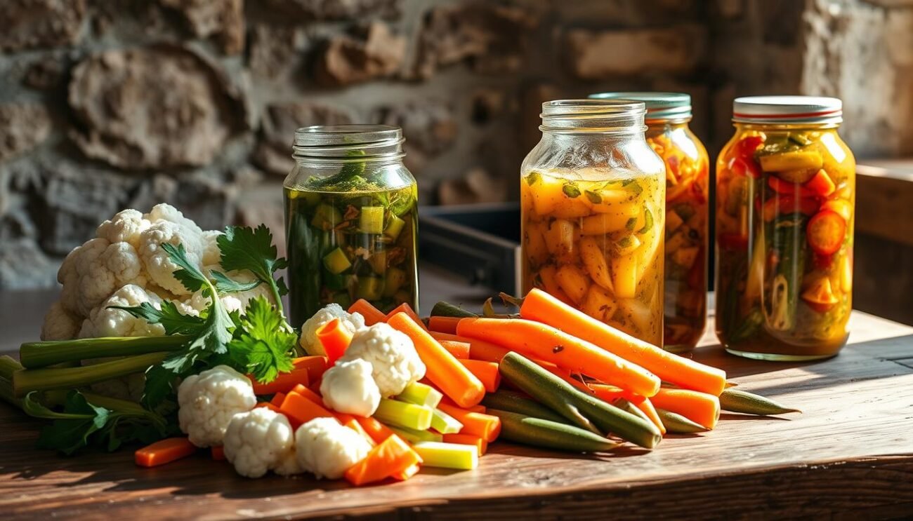 A rustic wooden table, bathed in warm natural light, holds an array of freshly prepared giardiniera. Crisp vegetables - cauliflower, carrots, celery, and peppers - are neatly arranged, their vibrant colors a testament to their just-picked freshness. Glass jars filled with a pungent, herbal-infused vinegar dressing stand ready, their lids tightly sealed. In the background, a weathered stone wall hints at the old-world charm of a traditional Italian farmhouse kitchen. The scene evokes a sense of homespun simplicity and the comforting aromas of a time-honored family recipe. The overall composition captures the essence of the "Preparazione della giardiniera fatta in casa" - a classic, homemade process rooted in the rich culinary traditions of the Italian countryside. A rustic wooden table, bathed in warm natural light, holds an array of freshly prepared giardiniera. Crisp vegetables - cauliflower, carrots, celery, and peppers - are neatly arranged, their vibrant colors a testament to their just-picked freshness. Glass jars filled with a pungent, herbal-infused vinegar dressing stand ready, their lids tightly sealed. In the background, a weathered stone wall hints at the old-world charm of a traditional Italian farmhouse kitchen. The scene evokes a sense of homespun simplicity and the comforting aromas of a time-honored family recipe. The overall composition captures the essence of the "Preparazione della giardiniera fatta in casa" - a classic, homemade process rooted in the rich culinary traditions of the Italian countryside.