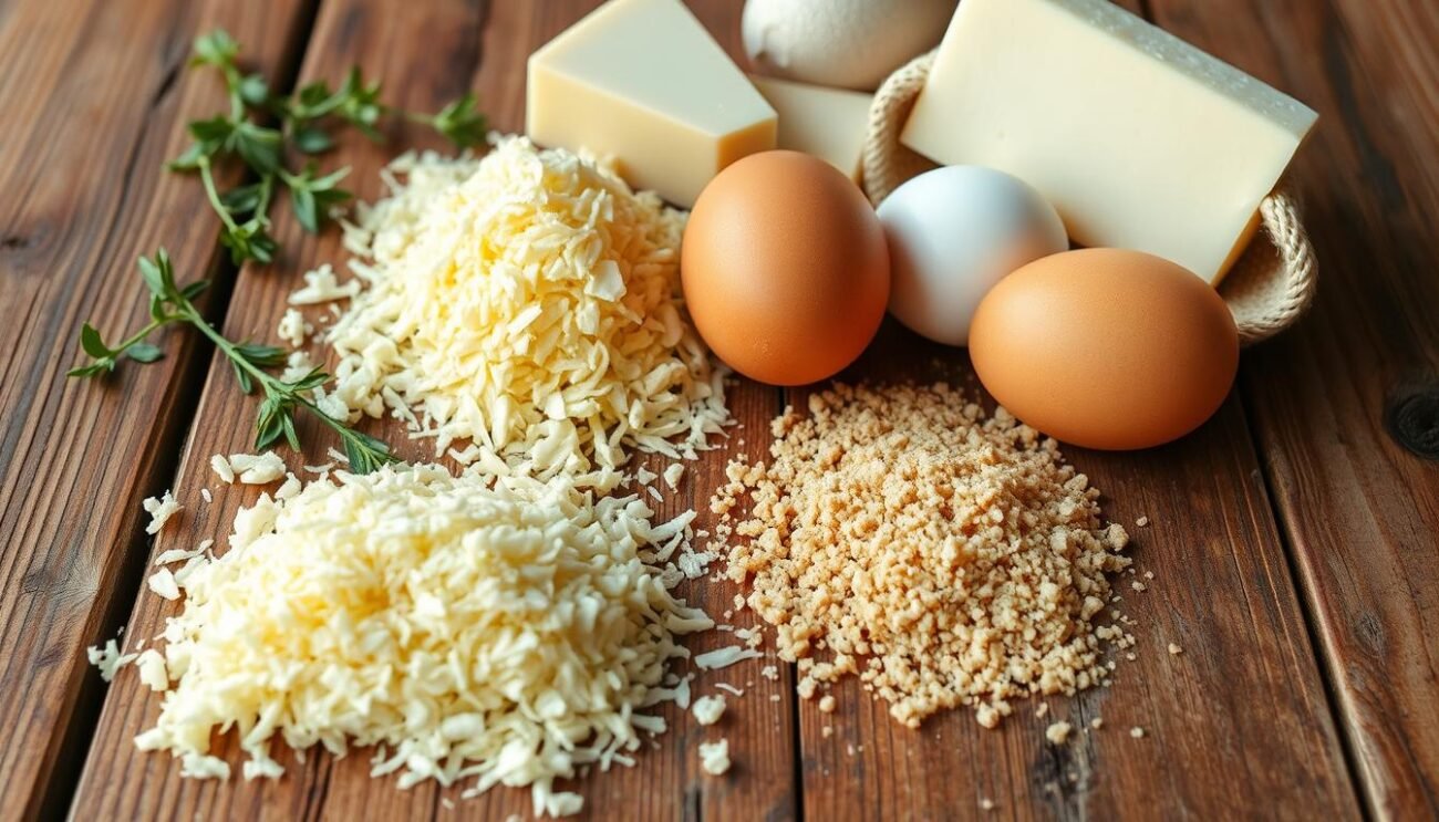A rustic wooden table, bathed in warm, natural light, showcases a bountiful array of ingredients for the traditional Italian dish, "Pallotte Cacio e Ova." Freshly grated Pecorino Romano cheese, farm-fresh eggs, and a handful of dried bread crumbs are the simple yet essential components, arranged with care and attention to detail. The scene evokes the comforting flavors and textures of this classic Abruzzese delicacy, inviting the viewer to imagine the process of crafting these delectable cheese and egg dumplings. The overall composition exudes a sense of authenticity and homespun charm, capturing the essence of the "Gli ingredienti delle Pallotte Cacio e Ova" section within the article. A rustic wooden table, bathed in warm, natural light, showcases a bountiful array of ingredients for the traditional Italian dish, "Pallotte Cacio e Ova." Freshly grated Pecorino Romano cheese, farm-fresh eggs, and a handful of dried bread crumbs are the simple yet essential components, arranged with care and attention to detail. The scene evokes the comforting flavors and textures of this classic Abruzzese delicacy, inviting the viewer to imagine the process of crafting these delectable cheese and egg dumplings. The overall composition exudes a sense of authenticity and homespun charm, capturing the essence of the "Gli ingredienti delle Pallotte Cacio e Ova" section within the article.