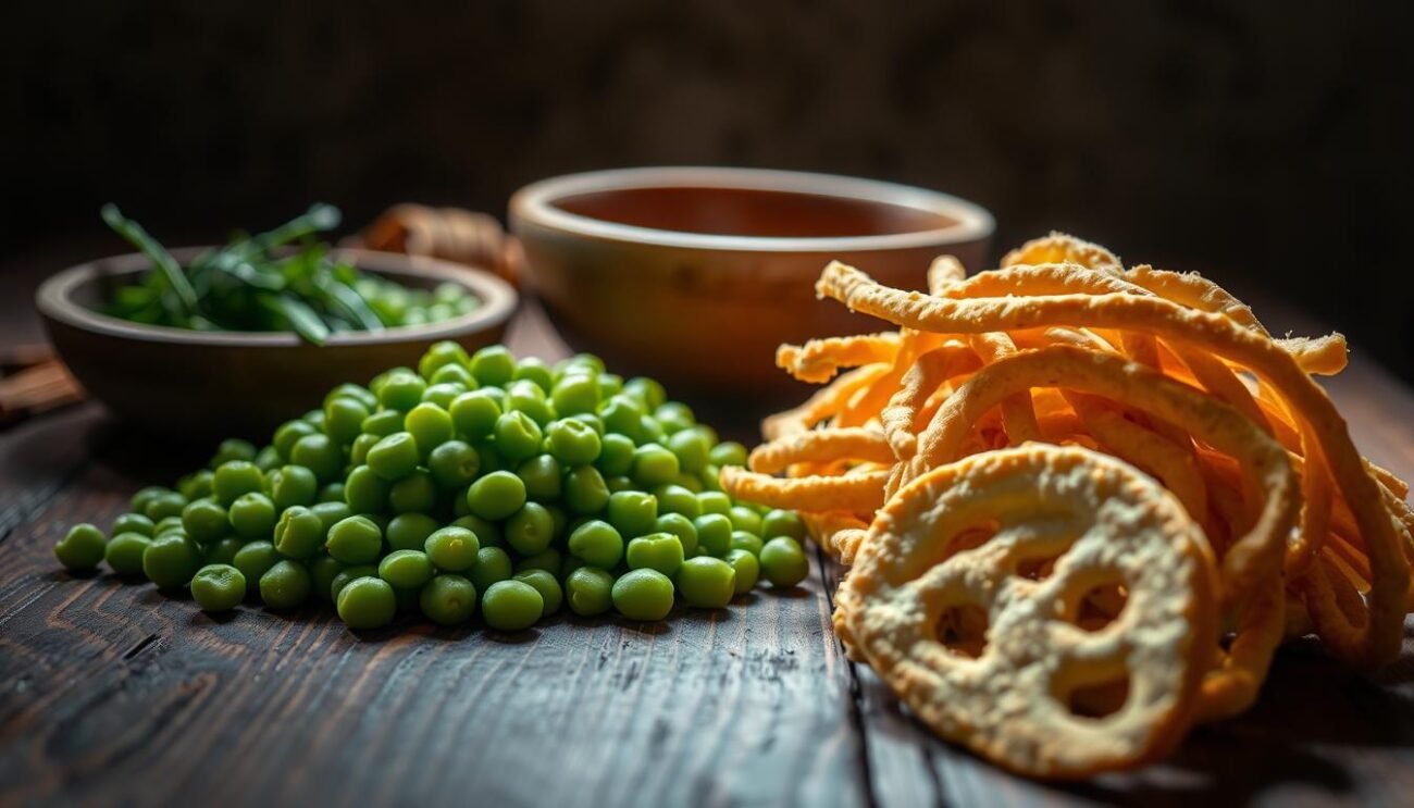 A rustic wooden table, dimly lit by soft natural light, holds an assortment of traditional Salentine ingredients. In the foreground, vibrant green chickpeas and golden-brown fried dough strips known as "tria" are carefully arranged, their textures and colors contrasting beautifully. The middle ground features a traditional ceramic bowl, its curved form accentuated by the gentle shadows. In the background, a simple backdrop of earthy tones evokes the authentic Pugliese setting, hinting at the centuries-old culinary traditions that inspire this classic dish. The overall mood is one of simple elegance, inviting the viewer to imagine the aromas and flavors of this beloved regional speciality.