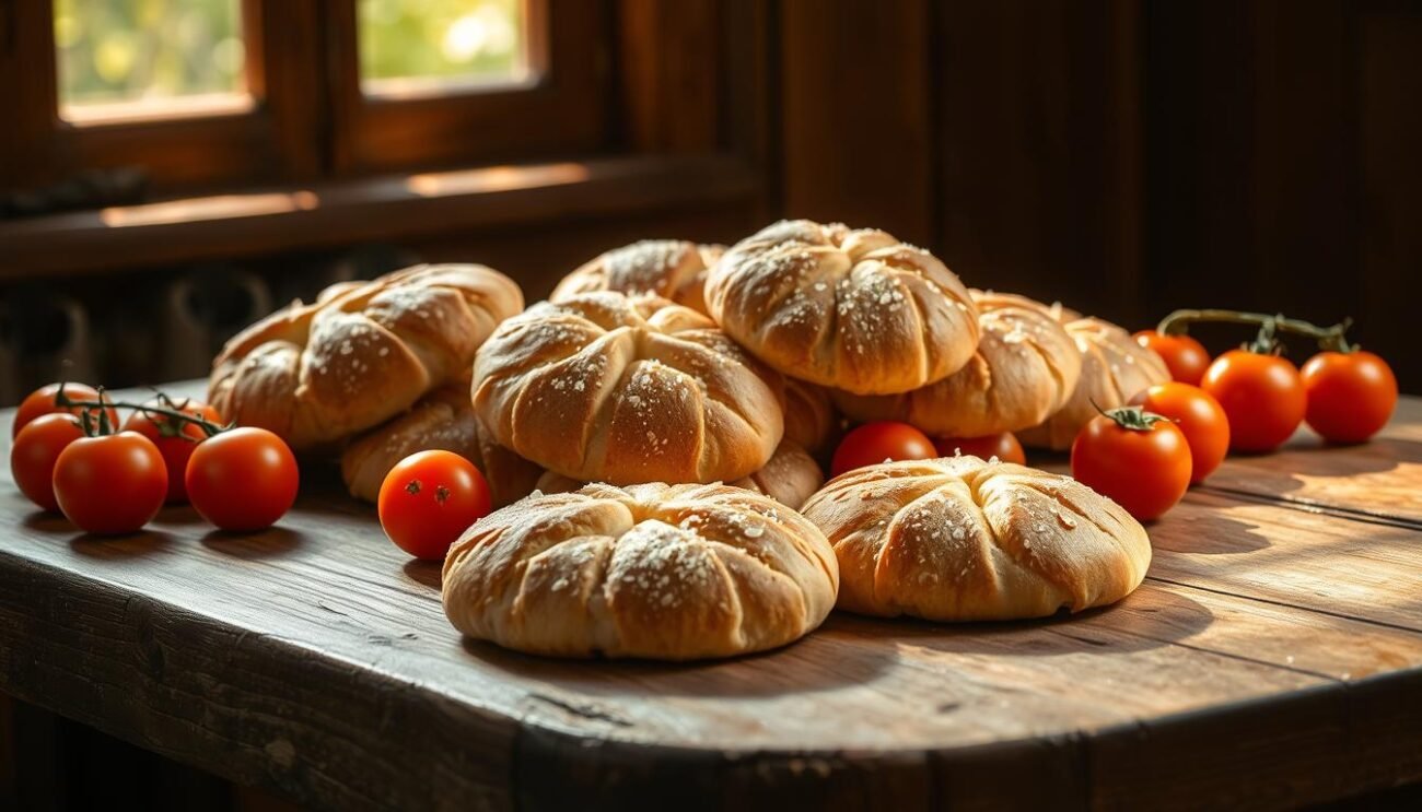 A rustic wooden table, dimly lit by warm, natural sunlight filtering through a window. In the center, a pile of freshly baked friselle pugliesi, their golden-brown crusts dusted with sea salt. Scattered around them, plump, ripe tomatoes in vibrant shades of red and orange, glistening with the rich, emerald green of extra virgin olive oil. The scene evokes the flavors and aromas of the Puglia region, where this traditional Italian bread is a cherished culinary staple. The overall composition conveys a sense of simplicity, authenticity, and the rustic charm of Italian cuisine.