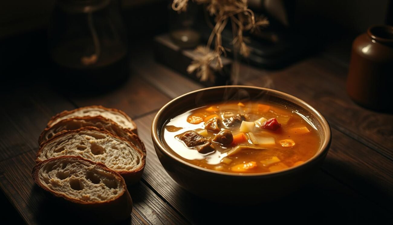 A rustic wooden table, dimly lit, set with a bowl of steaming hot zuppa mitonata. The broth glistens, hints of meat and vegetables peeking through. Thick slices of crusty bread are arranged nearby, ready to soak up the savory liquid. The scene is bathed in a warm, golden glow, evocative of a cozy winter kitchen. Subtle shadows and textures create depth, while the focal point remains the hearty, homemade soup - the centerpiece of this traditional Piedmontese dish.
