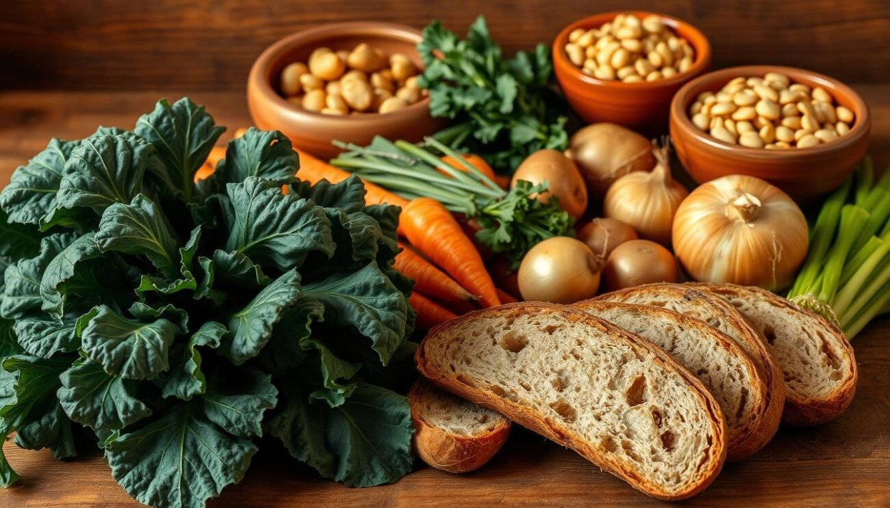 A rustic wooden table displaying a selection of authentic Tuscan ingredients for the classic ribollita soup. In the foreground, a bundle of freshly harvested cavolo nero (Tuscan kale) lies alongside crusty artisanal bread, their textures and earthy hues complementing each other. In the middle ground, a variety of root vegetables - carrots, potatoes, onions, and celery - are arranged neatly, their skins still bearing the traces of the soil they were grown in. Behind them, a terracotta bowl filled with dried cannellini beans and a drizzle of golden olive oil hint at the hearty, peasant-style origins of this iconic Tuscan dish. Warm, natural lighting casts a cozy, inviting glow over the scene, evoking the simple, honest flavors and traditions of the Tuscan countryside. A rustic wooden table displaying a selection of authentic Tuscan ingredients for the classic ribollita soup. In the foreground, a bundle of freshly harvested cavolo nero (Tuscan kale) lies alongside crusty artisanal bread, their textures and earthy hues complementing each other. In the middle ground, a variety of root vegetables - carrots, potatoes, onions, and celery - are arranged neatly, their skins still bearing the traces of the soil they were grown in. Behind them, a terracotta bowl filled with dried cannellini beans and a drizzle of golden olive oil hint at the hearty, peasant-style origins of this iconic Tuscan dish. Warm, natural lighting casts a cozy, inviting glow over the scene, evoking the simple, honest flavors and traditions of the Tuscan countryside.