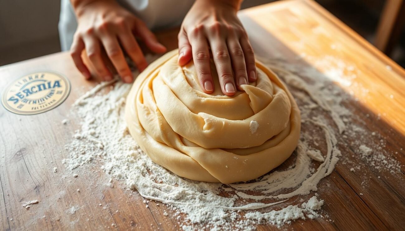 A rustic wooden table, dusted with flour, holds a mound of golden-hued dough. Nimble hands knead and fold the supple mixture, coaxing out its flaky, layered texture. The dough rises, its surface glistening with tiny air pockets, ready to be shaped into the iconic Crescia Marchigiana. Soft natural light filters in, casting a warm glow on the scene. The atmosphere is one of time-honored tradition, of skilled craftsmanship passed down through generations. This is the labor-intensive preparation of the Crescia sfogliata, the pride of the Marche region, awaiting its transformation into a savory, flaky delight.
