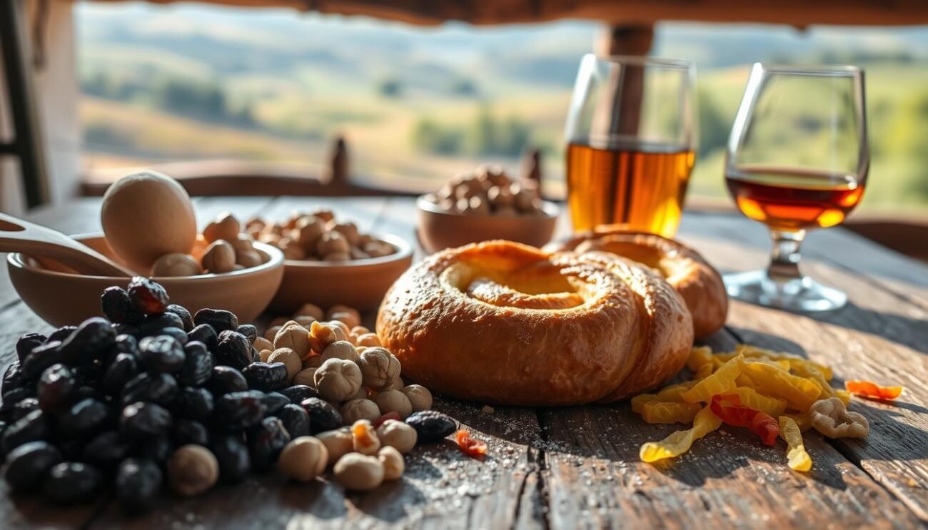 A rustic wooden table, illuminated by soft natural light, is adorned with an assortment of traditional ingredients for the classic Friulian pastry, the Gubana. Plump raisins, chopped walnuts, and candied citrus peel are carefully arranged, complemented by a glass of aromatic liqueur, perhaps Grappa or Vermouth. In the background, a glimpse of a rolling countryside hints at the Natisone Valleys, the birthplace of this beloved sweet spiral. The overall mood is one of homespun authenticity, capturing the essence of the Gubana's time-honored recipe.