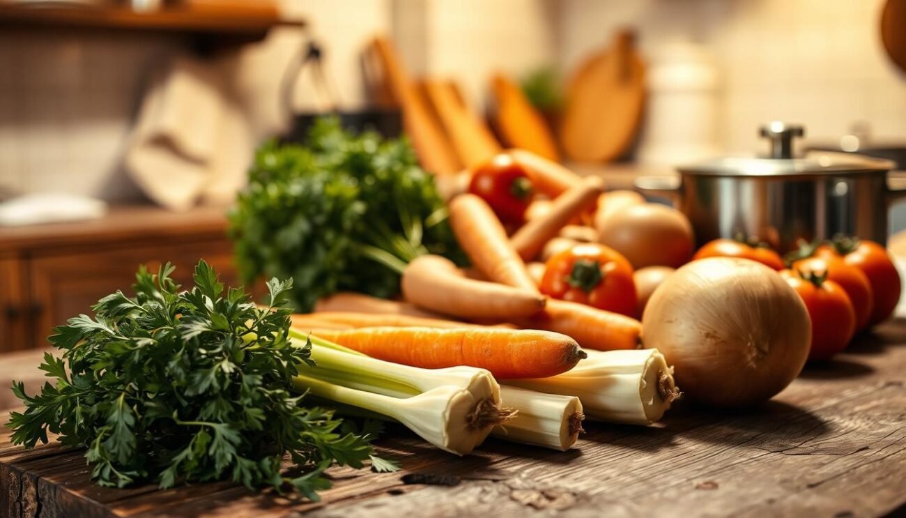 A rustic wooden table in a cozy Italian kitchen, its surface adorned with a selection of fresh, vibrant ingredients. In the foreground, a bundle of herbs, their aromatic leaves catching the soft, diffused light. Beside them, a bundle of celery stalks, their crisp, verdant hues contrasting with the earthy tones of a large onion. In the middle ground, a selection of hearty vegetables, including carrots, potatoes, and tomatoes, all perfectly ripe and ready to be transformed into the sumptuous Zuppa alla Santè di Agnone. In the background, a warm, golden glow suggests the presence of a simmering pot, the promise of a rich, nourishing broth and tender meatballs to come. The scene exudes the comforting aromas and flavors of traditional Italian home cooking, inviting the viewer to step into this cozy culinary moment. A rustic wooden table in a cozy Italian kitchen, its surface adorned with a selection of fresh, vibrant ingredients. In the foreground, a bundle of herbs, their aromatic leaves catching the soft, diffused light. Beside them, a bundle of celery stalks, their crisp, verdant hues contrasting with the earthy tones of a large onion. In the middle ground, a selection of hearty vegetables, including carrots, potatoes, and tomatoes, all perfectly ripe and ready to be transformed into the sumptuous Zuppa alla Santè di Agnone. In the background, a warm, golden glow suggests the presence of a simmering pot, the promise of a rich, nourishing broth and tender meatballs to come. The scene exudes the comforting aromas and flavors of traditional Italian home cooking, inviting the viewer to step into this cozy culinary moment.
