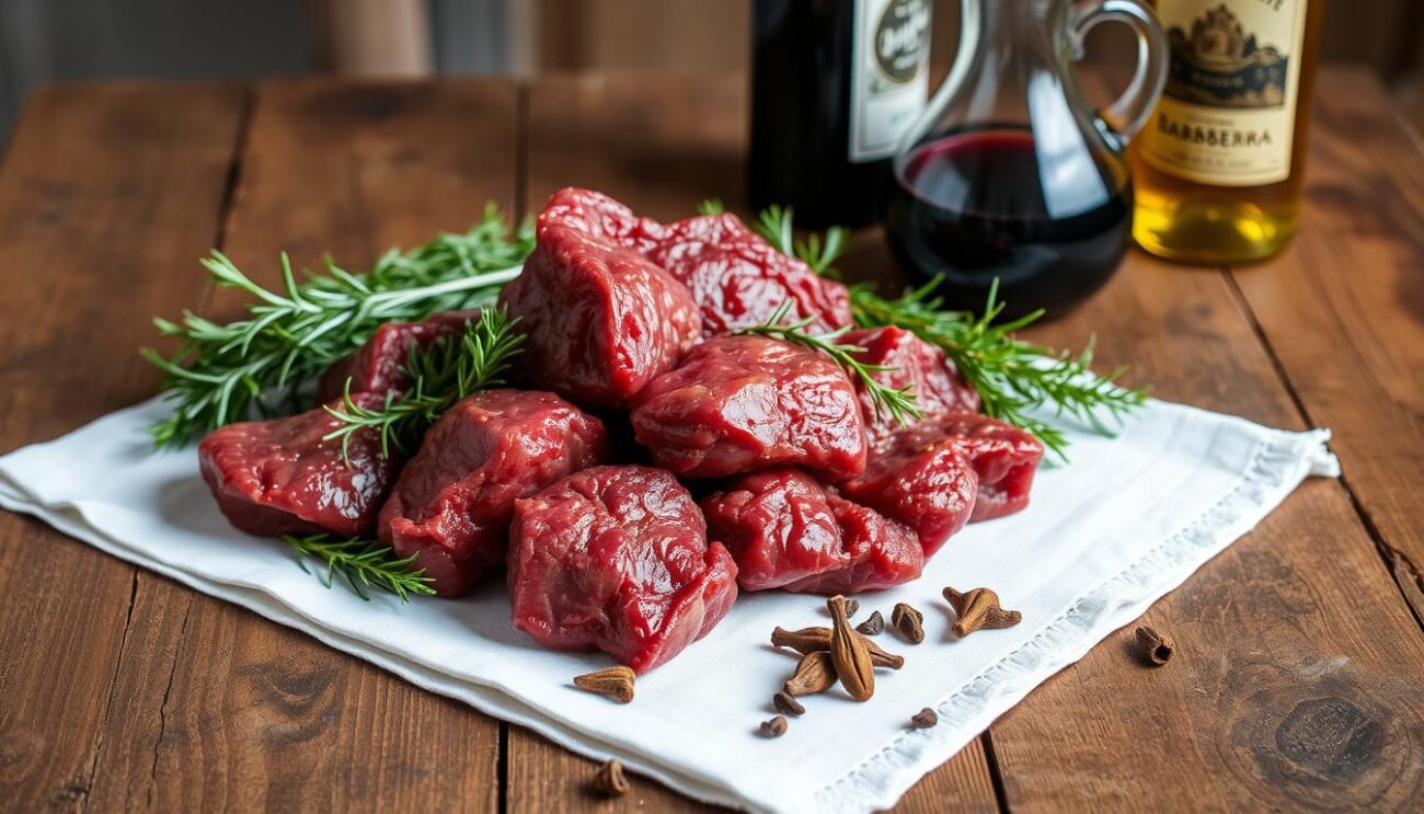 A rustic wooden table, its surface adorned with a simple yet elegant white tablecloth, sets the stage for the ingredients of the renowned Stracotto alla Piacentina. In the foreground, a selection of tender beef chunks, each piece glistening with the rich, deep-red hue of the Barbera wine that will tenderize and infuse them with its bold, fruity notes. Surrounding the meat, an assortment of aromatic herbs and spices: fragrant rosemary sprigs, peppery bay leaves, and whole cloves whose warm, earthy scent will mingle with the simmering stew. In the background, a glass carafe filled with the same Barbera wine, a nod to the essential role it plays in this classic Piacentina dish, as well as a bottle of extra virgin olive oil, the final touch that will bring this hearty, slow-cooked masterpiece to life. A rustic wooden table, its surface adorned with a simple yet elegant white tablecloth, sets the stage for the ingredients of the renowned Stracotto alla Piacentina. In the foreground, a selection of tender beef chunks, each piece glistening with the rich, deep-red hue of the Barbera wine that will tenderize and infuse them with its bold, fruity notes. Surrounding the meat, an assortment of aromatic herbs and spices: fragrant rosemary sprigs, peppery bay leaves, and whole cloves whose warm, earthy scent will mingle with the simmering stew. In the background, a glass carafe filled with the same Barbera wine, a nod to the essential role it plays in this classic Piacentina dish, as well as a bottle of extra virgin olive oil, the final touch that will bring this hearty, slow-cooked masterpiece to life.
