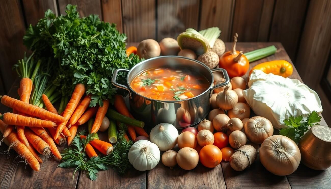 A rustic wooden table, its surface adorned with a vibrant assortment of fresh seasonal vegetables - carrots, celery, onions, potatoes, and more. In the center, a large pot simmers, releasing the enticing aroma of a traditional Genovese minestrone. Soft natural lighting filters in, casting a warm glow over the scene, inviting the viewer to imagine the comforting flavors and textures of this authentic Italian dish. The image captures the essence of the key ingredients that come together to create the perfect Minestrone Genovese, a classic comfort food that celebrates the bounty of the local harvest.