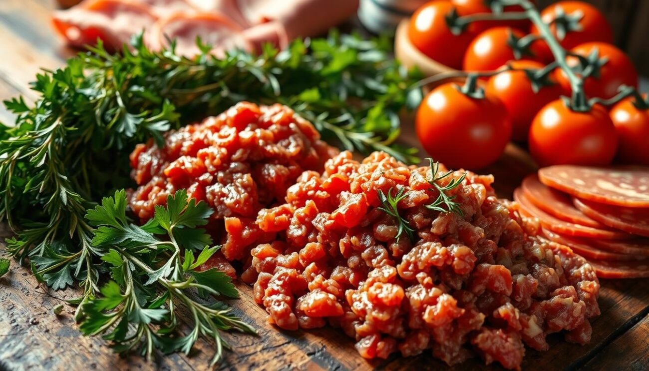 A rustic wooden table, its surface adorned with an array of traditional Sicilian ingredients. In the foreground, a mound of freshly minced meat, its crimson hues glistening under the warm, golden light. Scattered around it, an assortment of herbs, such as fragrant parsley and robust rosemary, their vibrant green leaves contrasting with the earthy tones of the table. Nestled between them, slices of prosciutto and salami, their cured textures hinting at the flavors to come. In the background, a selection of ripe tomatoes, their plump, sun-kissed skins beckoning to be tasted. The scene is infused with the aroma of a Sicilian kitchen, a prelude to the mouthwatering "falsomagro" to be prepared. A rustic wooden table, its surface adorned with an array of traditional Sicilian ingredients. In the foreground, a mound of freshly minced meat, its crimson hues glistening under the warm, golden light. Scattered around it, an assortment of herbs, such as fragrant parsley and robust rosemary, their vibrant green leaves contrasting with the earthy tones of the table. Nestled between them, slices of prosciutto and salami, their cured textures hinting at the flavors to come. In the background, a selection of ripe tomatoes, their plump, sun-kissed skins beckoning to be tasted. The scene is infused with the aroma of a Sicilian kitchen, a prelude to the mouthwatering "falsomagro" to be prepared.