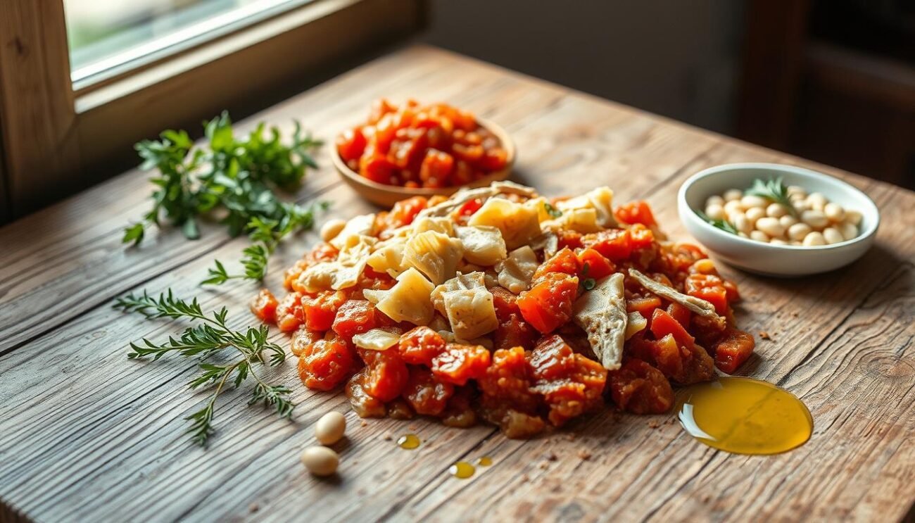A rustic wooden table, its surface adorned with the key ingredients for the classic Trippa alla Milanese dish: curly tripe, crushed tomatoes, creamy white beans, aromatic herbs, and a splash of vibrant olive oil. The natural light filters in through a nearby window, casting a warm glow over the scene. Textural details come to life, from the rough-hewn grain of the tabletop to the supple folds of the tripe. The composition is carefully balanced, drawing the eye to the central ingredients in a manner that evokes the comforting, homemade essence of this traditional Milanese delicacy. A rustic wooden table, its surface adorned with the key ingredients for the classic Trippa alla Milanese dish: curly tripe, crushed tomatoes, creamy white beans, aromatic herbs, and a splash of vibrant olive oil. The natural light filters in through a nearby window, casting a warm glow over the scene. Textural details come to life, from the rough-hewn grain of the tabletop to the supple folds of the tripe. The composition is carefully balanced, drawing the eye to the central ingredients in a manner that evokes the comforting, homemade essence of this traditional Milanese delicacy.