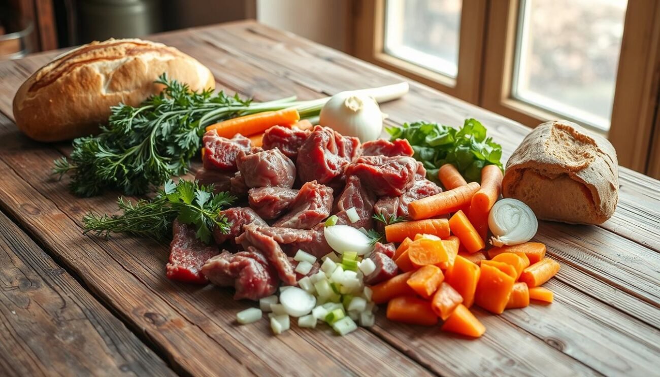 A rustic wooden table, its surface scattered with the ingredients for a traditional Piemontese winter soup: hearty chunks of beef, freshly chopped onions, carrots, and celery, a bundle of aromatic herbs, and a loaf of crusty bread. The natural light from a nearby window casts a warm glow, highlighting the textures and colors of the scene. The overall mood is one of comfort and nourishment, inviting the viewer to imagine the rich, savory broth simmering on the stove, ready to be ladled into bowls and shared with loved ones.