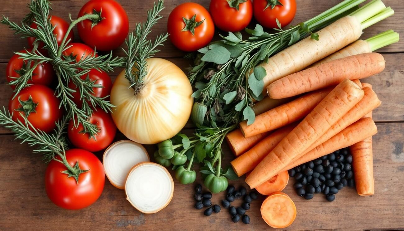 A rustic wooden table, its surface weathered and worn, holds the essential ingredients for a traditional Abruzzese beef broth. Plump, ripe tomatoes, their vibrant hues catching the soft, natural light. Fragrant bunches of fresh herbs - rosemary, thyme, and bay leaves - stand ready to infuse the broth with earthy, aromatic depth. Thick slices of onion, their golden skin glistening, await their role in building the foundation of flavor. Beside them, fat, succulent carrots and celery stalks, their crisp textures a perfect counterpoint. A handful of peppercorns, their dark, wrinkled forms adding a subtle warmth, completes the mise en place for this time-honored culinary tradition. A rustic wooden table, its surface weathered and worn, holds the essential ingredients for a traditional Abruzzese beef broth. Plump, ripe tomatoes, their vibrant hues catching the soft, natural light. Fragrant bunches of fresh herbs - rosemary, thyme, and bay leaves - stand ready to infuse the broth with earthy, aromatic depth. Thick slices of onion, their golden skin glistening, await their role in building the foundation of flavor. Beside them, fat, succulent carrots and celery stalks, their crisp textures a perfect counterpoint. A handful of peppercorns, their dark, wrinkled forms adding a subtle warmth, completes the mise en place for this time-honored culinary tradition.