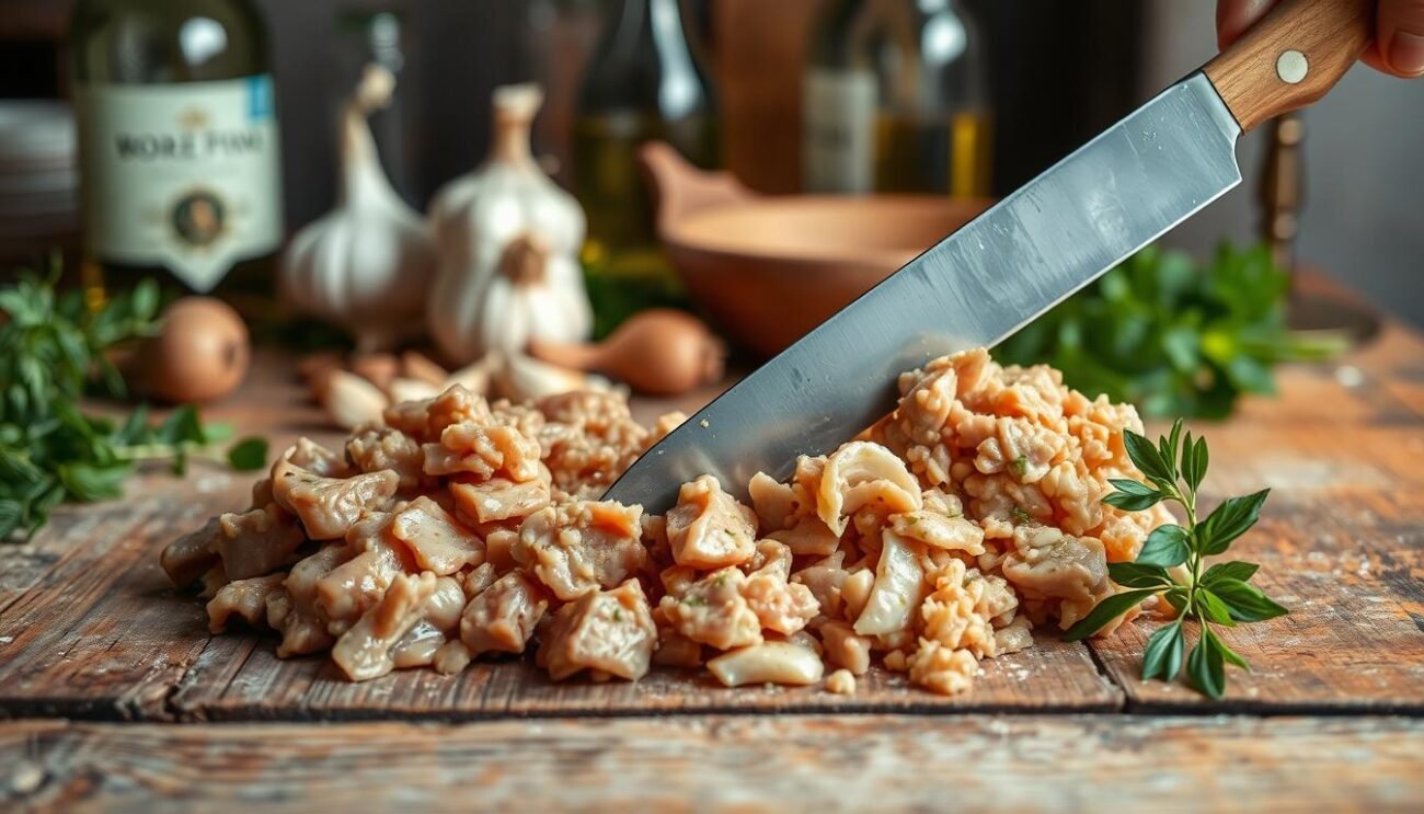 A rustic wooden table, its surface weathered and worn, is the stage for the preparation of "Paté di Fegatini". In the foreground, a knife glides through succulent chicken livers, deftly mincing them into a creamy, rich mixture. The middle ground features an array of traditional Italian ingredients: garlic, shallots, herbs, and a splash of white wine, all coming together to create the distinctive flavor profile. The background is softly lit, evoking the warm, inviting atmosphere of a cozy Italian kitchen. The overall scene captures the thoughtful, time-honored process of crafting this beloved Umbrian delicacy.