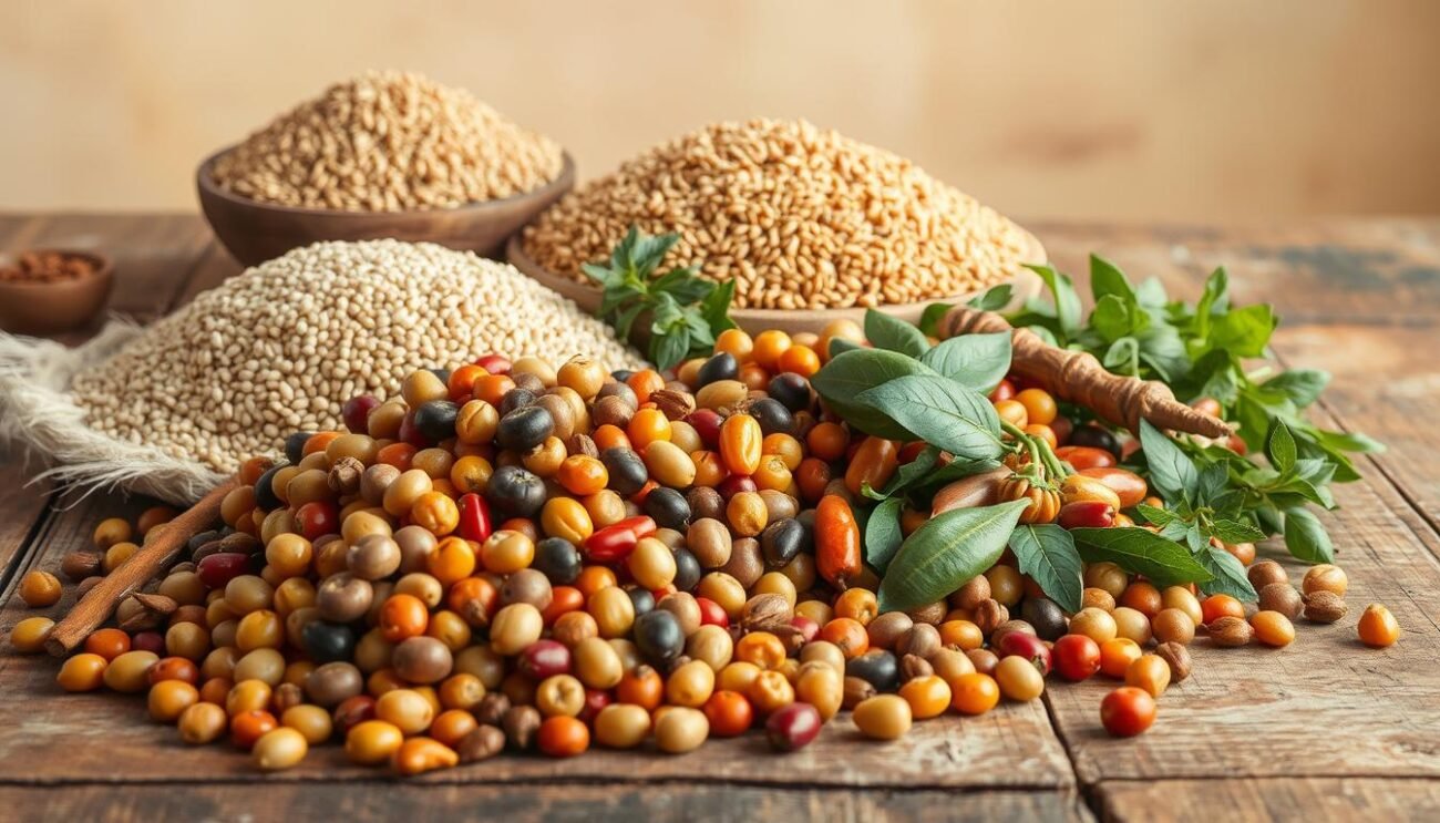 A rustic wooden table, its surface worn and weathered, hosts a bountiful array of traditional Marchigian ingredients. In the foreground, a pile of earthy, vibrant legumes spills across the table, their varied hues and textures inviting the eye. Beside them, a mound of whole grains, their golden hues glistening in the soft, natural light. In the middle ground, a collection of aromatic herbs and spices, their delicate leaves and seeds arranged with care. The background is a warm, neutral palette, allowing the vibrant colors of the ingredients to take center stage. The overall composition conveys the homespun, artisanal nature of the Ciavarro Marchigiano, a beloved springtime minestra that celebrates the region's rich culinary heritage. A rustic wooden table, its surface worn and weathered, hosts a bountiful array of traditional Marchigian ingredients. In the foreground, a pile of earthy, vibrant legumes spills across the table, their varied hues and textures inviting the eye. Beside them, a mound of whole grains, their golden hues glistening in the soft, natural light. In the middle ground, a collection of aromatic herbs and spices, their delicate leaves and seeds arranged with care. The background is a warm, neutral palette, allowing the vibrant colors of the ingredients to take center stage. The overall composition conveys the homespun, artisanal nature of the Ciavarro Marchigiano, a beloved springtime minestra that celebrates the region's rich culinary heritage.
