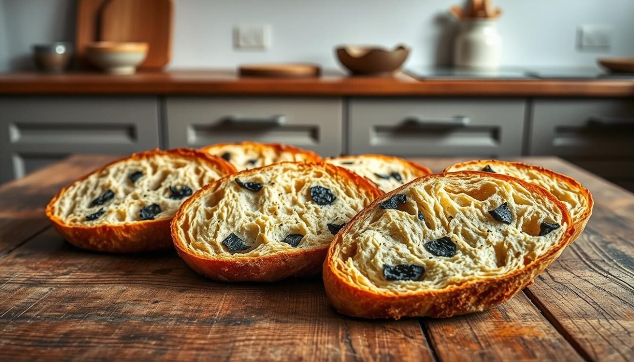 A rustic wooden table, its surface worn and weathered, lies in the center of the frame. Upon it, freshly baked slices of crusty bread, their golden-brown crusts glistening under the warm, natural lighting. The aroma of toasted wheat and the earthy notes of black truffle permeate the air, creating an inviting and tantalizing atmosphere. In the background, a simple yet elegant kitchen setting, with clean lines and muted tones, provides a harmonious backdrop. The overall composition conveys a sense of traditional Italian culinary craftsmanship, perfectly capturing the essence of "Preparazione delle Bruschette al Tartufo" for the article on "Bruschette al Tartufo Nero: Il Piatto Aromatico Tipico di Norcia." A rustic wooden table, its surface worn and weathered, lies in the center of the frame. Upon it, freshly baked slices of crusty bread, their golden-brown crusts glistening under the warm, natural lighting. The aroma of toasted wheat and the earthy notes of black truffle permeate the air, creating an inviting and tantalizing atmosphere. In the background, a simple yet elegant kitchen setting, with clean lines and muted tones, provides a harmonious backdrop. The overall composition conveys a sense of traditional Italian culinary craftsmanship, perfectly capturing the essence of "Preparazione delle Bruschette al Tartufo" for the article on "Bruschette al Tartufo Nero: Il Piatto Aromatico Tipico di Norcia."