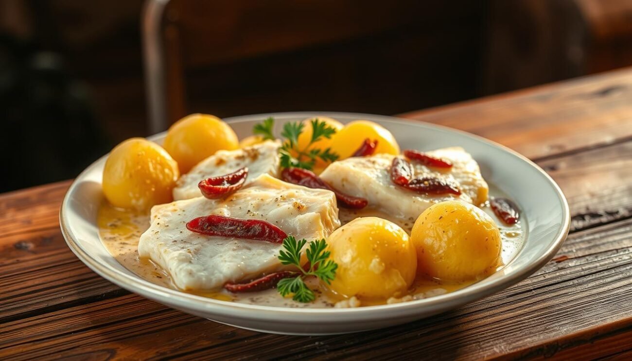 A rustic wooden table, its surface worn by time, sets the stage for a traditional Venetian dish - baccalà alla vicentina. In the foreground, thick slices of salt-cured cod simmer in a creamy, aromatic sauce, punctuated by the tangy bite of anchovies. Soft, tender potatoes nestle alongside, soaking up the rich flavors. The warm, golden-hued lighting casts a cozy glow, evoking the comforting essence of this regional specialty. Delicate parsley sprigs and a drizzle of olive oil add a touch of freshness, completing the harmonious composition. This timeless Veneto tradition, steeped in history and local pride, is captured in a visually captivating moment, reflecting the allure of its enduring culinary heritage.