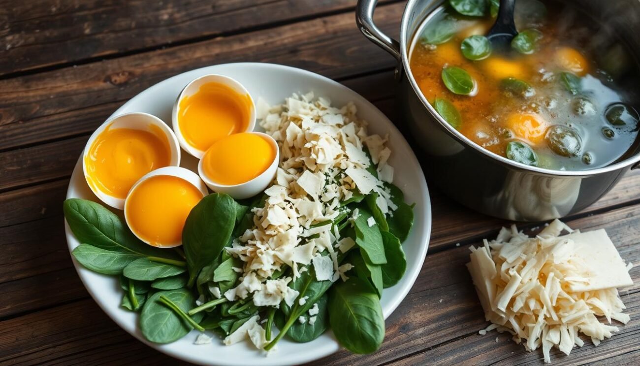A rustic wooden table, its surface worn with time, is laid out with the essential ingredients for the classic Roman dish, Stracciatella. Fresh eggs, gently cracked open, their yolks a vibrant yellow, rest alongside tender spinach leaves, their deep green hues contrasting beautifully. Shredded Parmesan cheese, its flecks of white and ivory, adds a touch of salty richness. A steaming pot of rich, aromatic broth sits nearby, ready to be poured over the delicate ingredients, creating a comforting and nourishing meal. The lighting is soft and natural, casting a warm glow over the scene, evoking the cozy, homemade atmosphere of a traditional Roman kitchen.