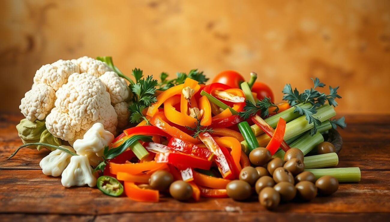 A rustic wooden table set against a warm, earthy backdrop. On the table, an assortment of fresh, vibrant vegetables - crunchy cauliflower florets, sliced bell peppers in a rainbow of colors, crisp celery stalks, and plump, juicy olives. The lighting is soft and natural, casting gentle shadows that accentuate the textures and hues of the ingredients. The overall composition evokes a sense of homemade, artisanal charm, perfectly capturing the essence of a classic Italian giardiniera. A rustic wooden table set against a warm, earthy backdrop. On the table, an assortment of fresh, vibrant vegetables - crunchy cauliflower florets, sliced bell peppers in a rainbow of colors, crisp celery stalks, and plump, juicy olives. The lighting is soft and natural, casting gentle shadows that accentuate the textures and hues of the ingredients. The overall composition evokes a sense of homemade, artisanal charm, perfectly capturing the essence of a classic Italian giardiniera.
