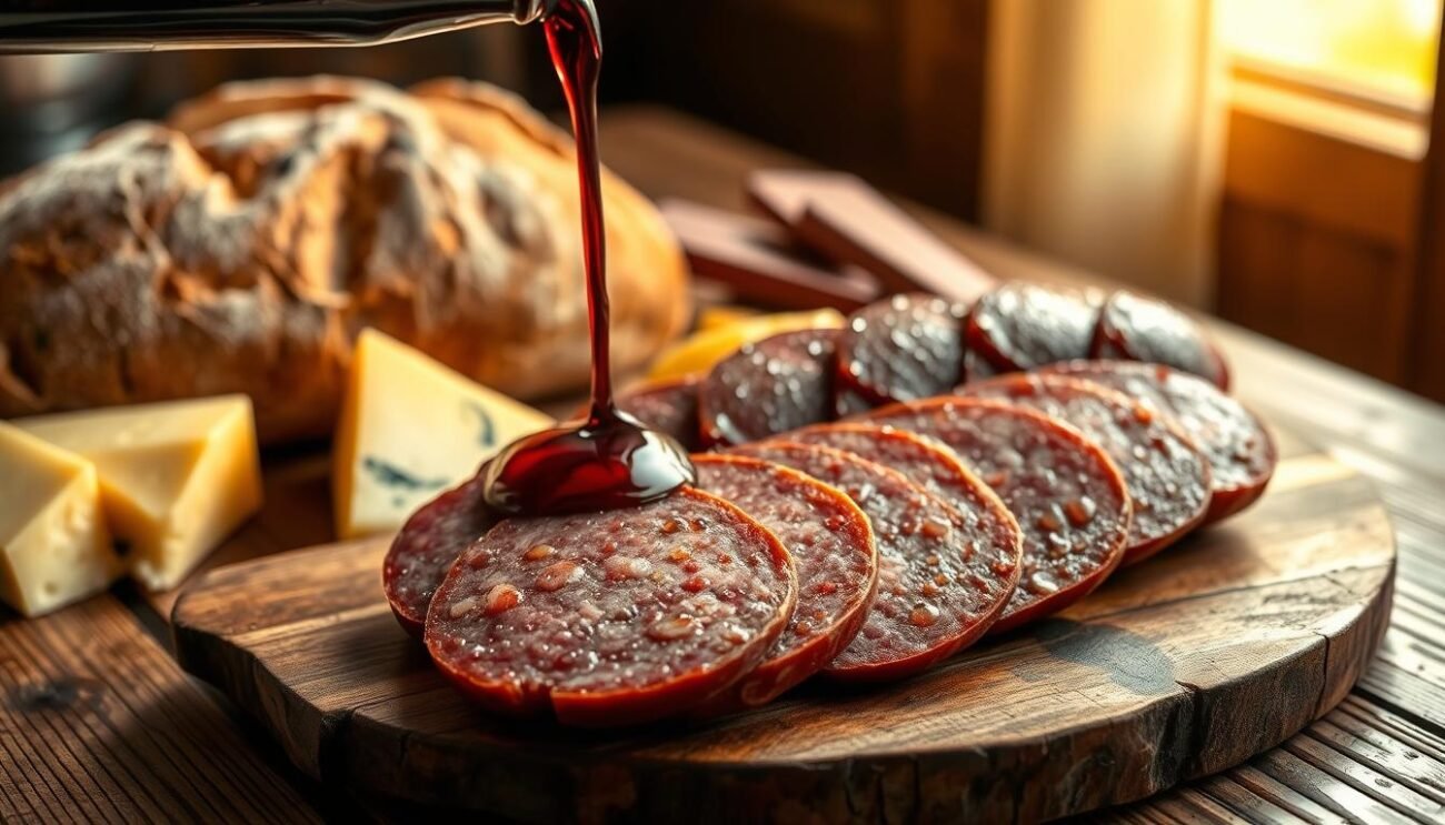 A rustic wooden table set with a crusty loaf of bread, aged cheese, and a thick slice of salsiccia sarda, a traditional smoked sausage from Sardinia. The sausage glistens with droplets of red wine that has been poured over it, creating a rich, savory aroma. The scene is bathed in warm, golden light from a nearby window, casting a cozy and inviting atmosphere. The background blurs softly, allowing the focus to remain on the delectable ingredients and their harmonious presentation. A rustic wooden table set with a crusty loaf of bread, aged cheese, and a thick slice of salsiccia sarda, a traditional smoked sausage from Sardinia. The sausage glistens with droplets of red wine that has been poured over it, creating a rich, savory aroma. The scene is bathed in warm, golden light from a nearby window, casting a cozy and inviting atmosphere. The background blurs softly, allowing the focus to remain on the delectable ingredients and their harmonious presentation.