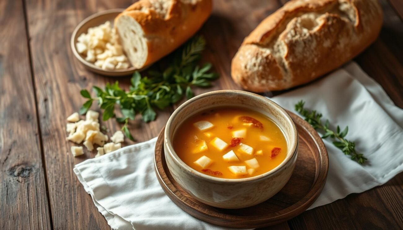 A rustic wooden table set with a steaming bowl of Zuppa Gallurese - a traditional Sardinian soup made with bread, broth, and aged pecorino cheese. The bowl sits atop a crisp white cloth, surrounded by fresh herbs, crumbled cheese, and a crusty loaf of bread. Soft, warm lighting casts a cozy glow, evoking the comforting flavors and textures of this authentic island dish. The scene invites the viewer to savor the simple pleasures of this hearty, soulful soup.