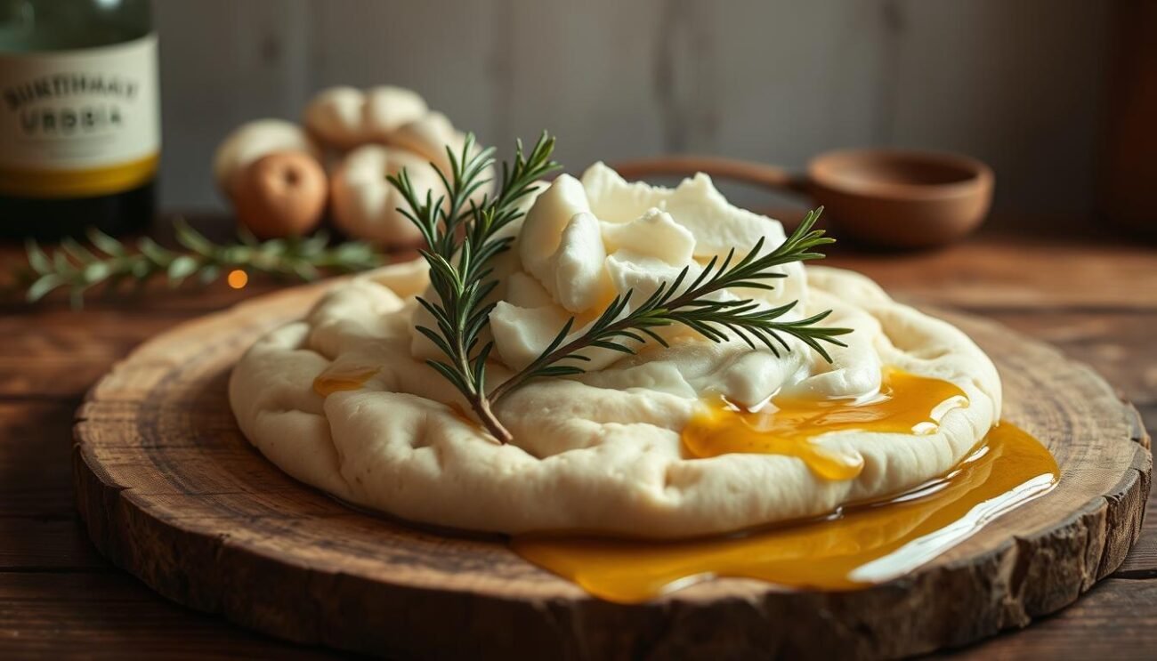 A rustic wooden table set with the essential ingredients for the renowned Crescia Sfogliata from Urbino: soft, pillowy dough, a mound of fresh, creamy mozzarella, aromatic sprigs of rosemary, and a drizzle of bright, golden olive oil. Warm, ambient lighting bathes the scene, casting a cozy, inviting atmosphere. The composition is framed by a simple, yet elegant white backdrop, allowing the vibrant colors and textures of the ingredients to take center stage. This classic Renaissance focaccia, beloved by the Montefeltro family, is about to be transformed into a masterpiece of Italian culinary heritage. A rustic wooden table set with the essential ingredients for the renowned Crescia Sfogliata from Urbino: soft, pillowy dough, a mound of fresh, creamy mozzarella, aromatic sprigs of rosemary, and a drizzle of bright, golden olive oil. Warm, ambient lighting bathes the scene, casting a cozy, inviting atmosphere. The composition is framed by a simple, yet elegant white backdrop, allowing the vibrant colors and textures of the ingredients to take center stage. This classic Renaissance focaccia, beloved by the Montefeltro family, is about to be transformed into a masterpiece of Italian culinary heritage.